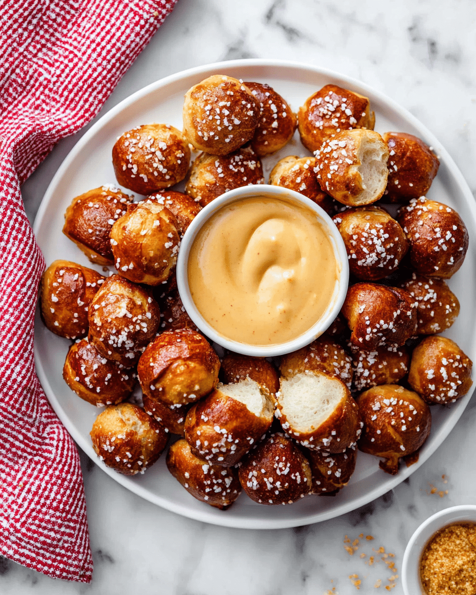 A white round plate filled with many small, golden-brown pretzel bites sprinkled with coarse salt, arranged densely around a white bowl of creamy, light orange dipping sauce in the center; two pretzel bites near the top of the plate are torn open to show soft, white inside. The plate sits on a white marbled surface with a red and white checkered cloth in the upper left corner, and a small white mustard sauce dish with whole grain mustard at the bottom right edge. Photo taken with an iphone --ar 4:5 --v 7