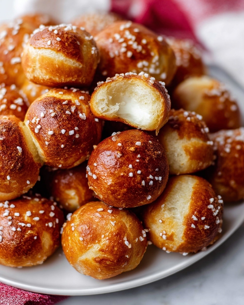 A close-up of many small, round pretzel bites piled on a white plate, each bite golden brown with a shiny surface textured by coarse salt crystals sprinkled on top; one bite is broken open near the top right to show its soft, white inside. The plate sits on a white marbled texture surface with a red and white cloth slightly visible in the background. photo taken with an iphone --ar 4:5 --v 7