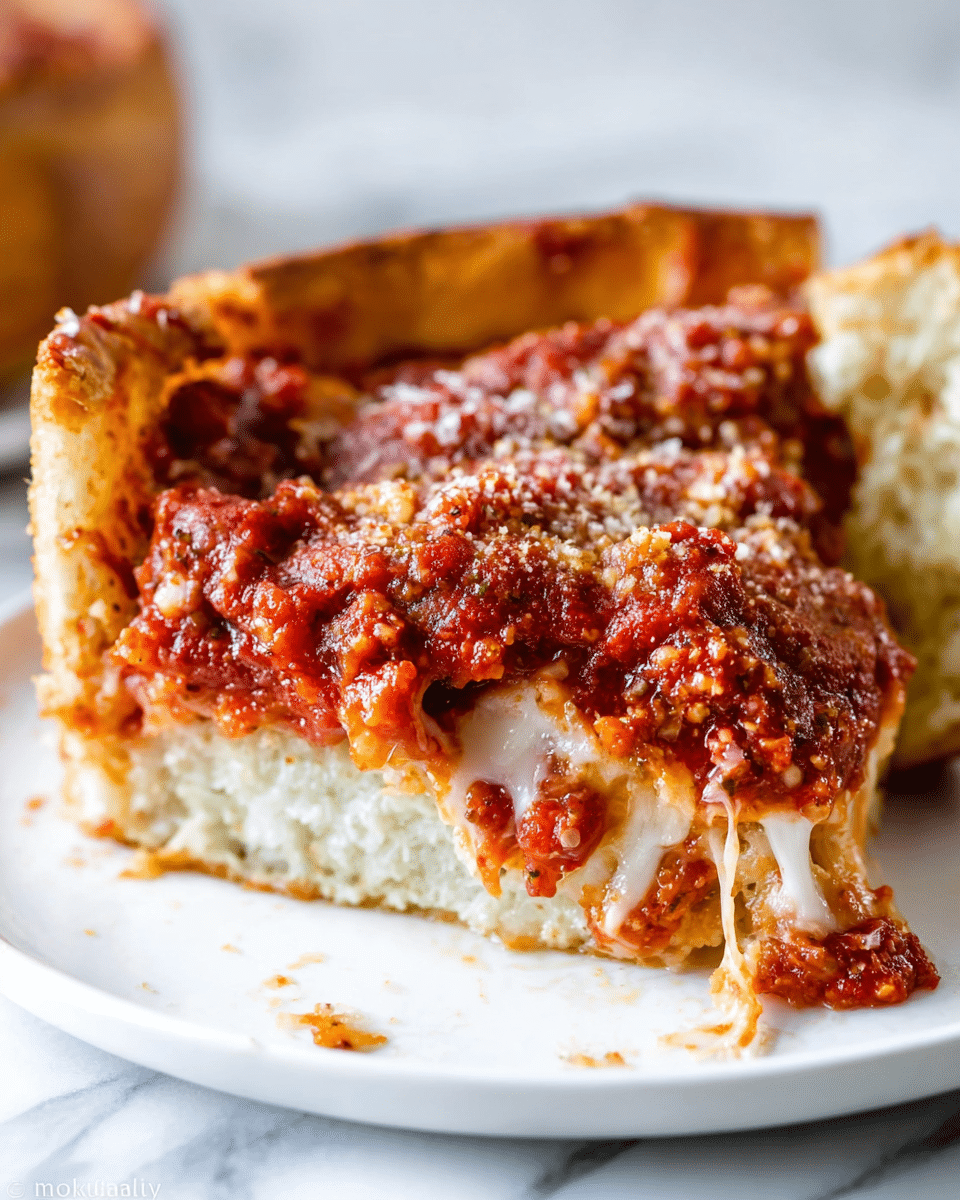 A close-up view of a slice of deep-dish pizza on a white plate with a white marbled texture surface. The pizza has three clear layers: the bottom thick crust is light golden and fluffy with a slightly crumbly texture, the middle layer is melted white cheese stretching from the crust, and the top layer is a chunky, rich red tomato sauce with bits of herbs and meat, sprinkled with grated Parmesan cheese. The crust edge is thick, golden brown, and slightly crispy, with a shiny texture from a light glaze. There is a small piece of the crust broken off to the side. Photo taken with an iphone --ar 4:5 --v 7