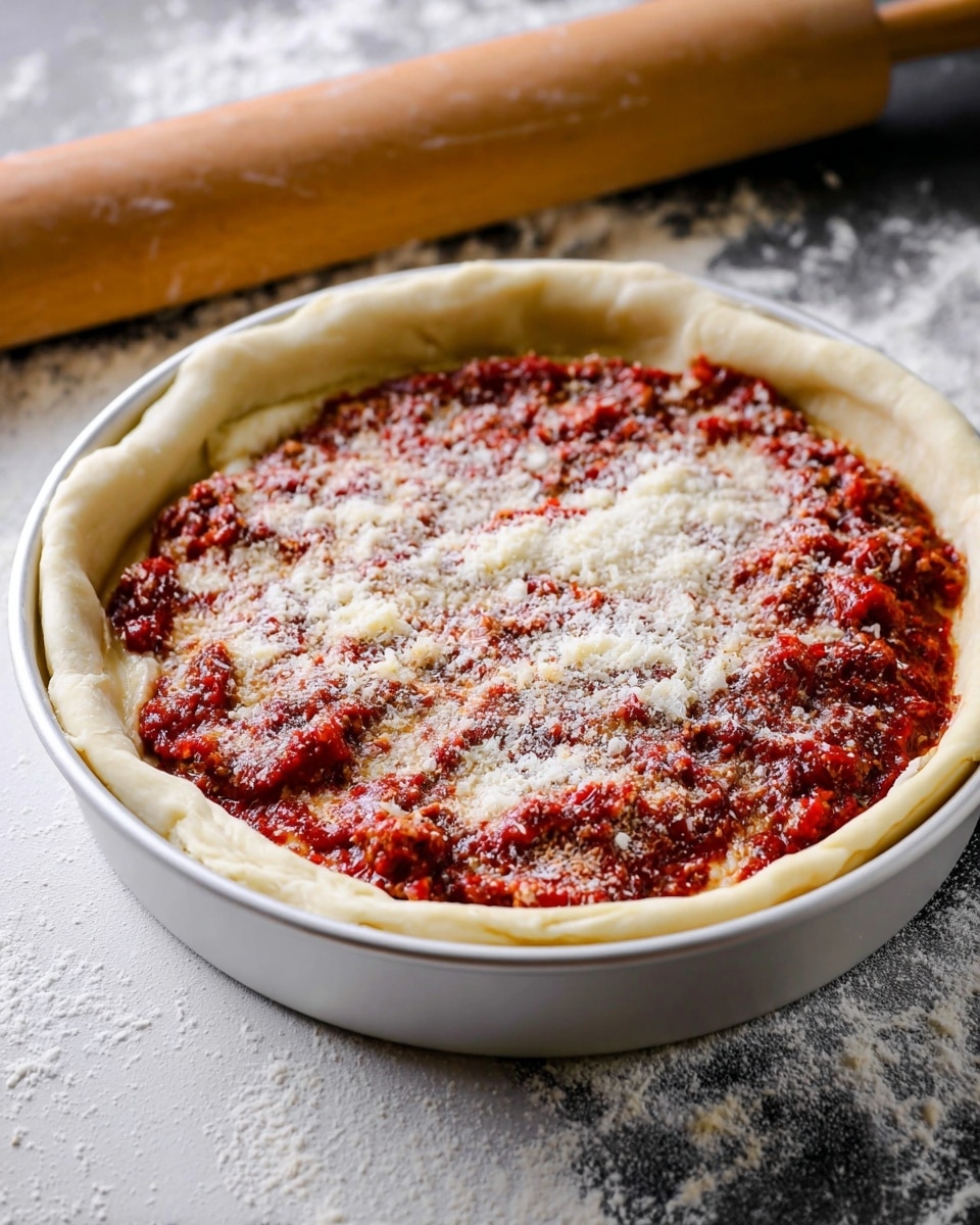 A round white pan holds a deep-dish pizza with three visible layers, starting with a thick pale dough crust lining the pan's sides, folded slightly over the edges. The middle layer is chunky red tomato sauce spread evenly, with bits of meat or vegetables visible within the sauce. The top layer is a dusting of grated pale cheese sprinkled over the sauce. In the background, a wooden rolling pin lies on a white marbled textured surface. photo taken with an iphone --ar 4:5 --v 7