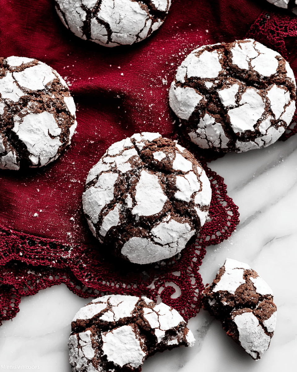Several chocolate crinkle cookies are laid on a deep red cloth with lace edges on a white marbled surface. Each cookie has a dark brown base with a cracked and textured top layer of white powdered sugar that breaks unevenly to show the chocolate beneath. The cookies vary slightly in size and shape, with some whole cookies and a few broken pieces that reveal a softer, moist inside. Photo taken with an iphone --ar 4:5 --v 7
