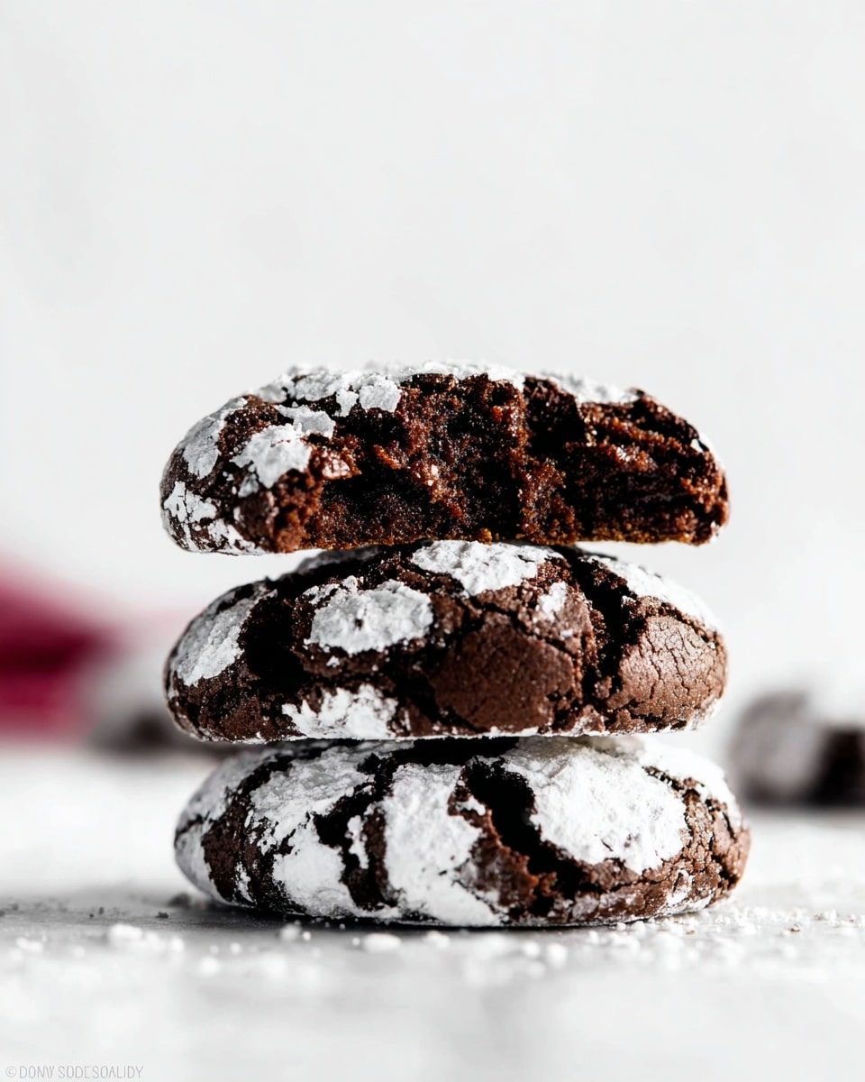 A stack of three dark chocolate crinkle cookies dusted with white powdered sugar, showing a cracked texture on the surface. The middle cookie is broken in half, revealing a soft, moist, and rich chocolate inside with a slightly crumbly texture. The cookies contrast sharply with the clean white marbled background, enhancing the dark brown and white colors. The focus is tight on the cookies, with a minimalistic and bright feel. Photo taken with an iphone --ar 4:5 --v 7