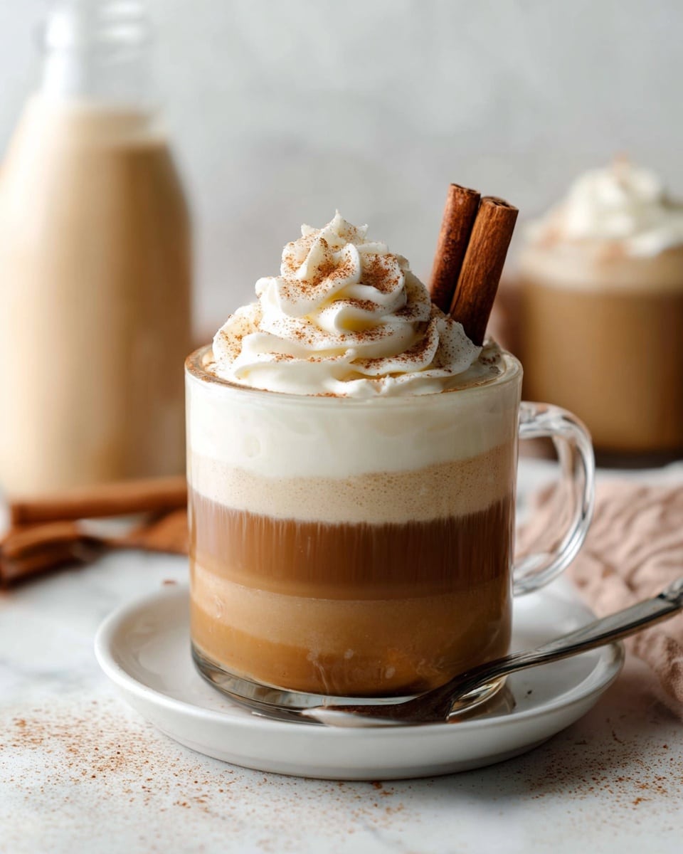 A clear glass cup filled with three layers: the bottom and largest layer is light brown coffee with a smooth texture, topped by a thin creamy white layer of foam, then a generous swirl of white whipped cream on top sprinkled lightly with brown cinnamon powder. Two whole cinnamon sticks are placed upright in the whipped cream. The cup sits on a white saucer with a small silver spoon resting on a white marbled surface nearby. In the blurred background, a bottle with beige liquid and another glass cup with a similar drink are visible. photo taken with an iphone --ar 4:5 --v 7