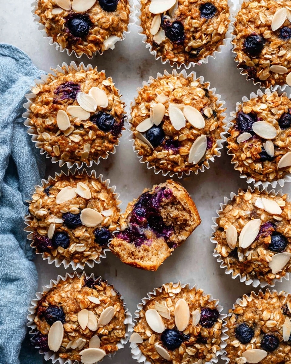A close-up view of twelve oatmeal muffins arranged in rows on a white marbled surface, each muffin in white paper liners. The muffins have a rough, textured top layer with golden-brown oats and visible dark purple blueberries. Thin, light cream almond slices are scattered on top of each muffin, adding contrast to the oats and berries. One muffin near the center has its liner partially peeled back and is cut in half, revealing a soft inner layer filled with oats and blueberries. A light blue cloth is tucked near the top left corner, adding a soft texture next to the muffins. photo taken with an iphone --ar 4:5 --v 7