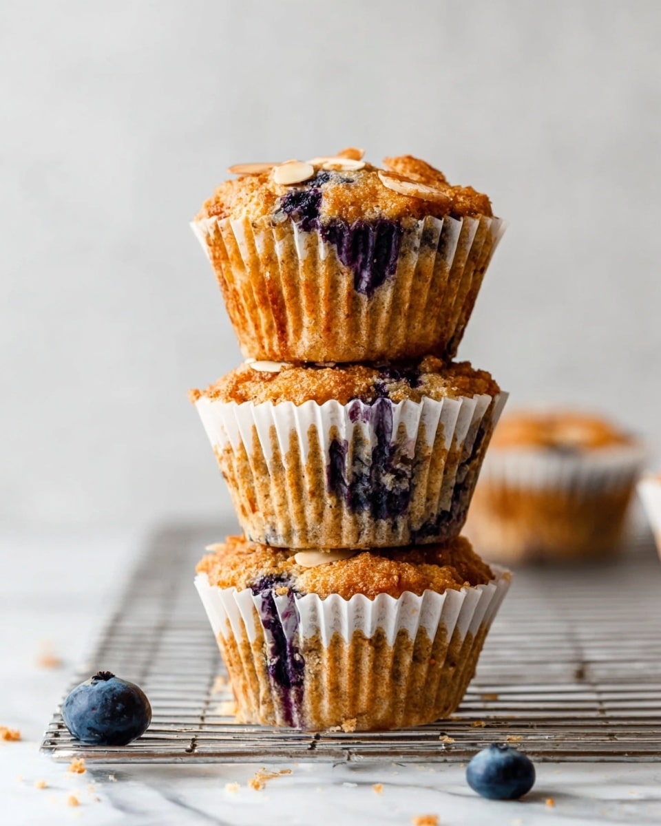 A stack of three golden brown muffins with visible blueberries inside each one, wrapped in white paper baking cups with ridged texture. The muffins have a slightly crumbly top with some almond slices scattered on the top muffin. They are placed on a metal cooling rack with a few crumbs and a fresh blueberry in front. The background is a soft white marbled texture with a blurred white marbled surface beneath, creating a clean and bright setting. photo taken with an iphone --ar 4:5 --v 7