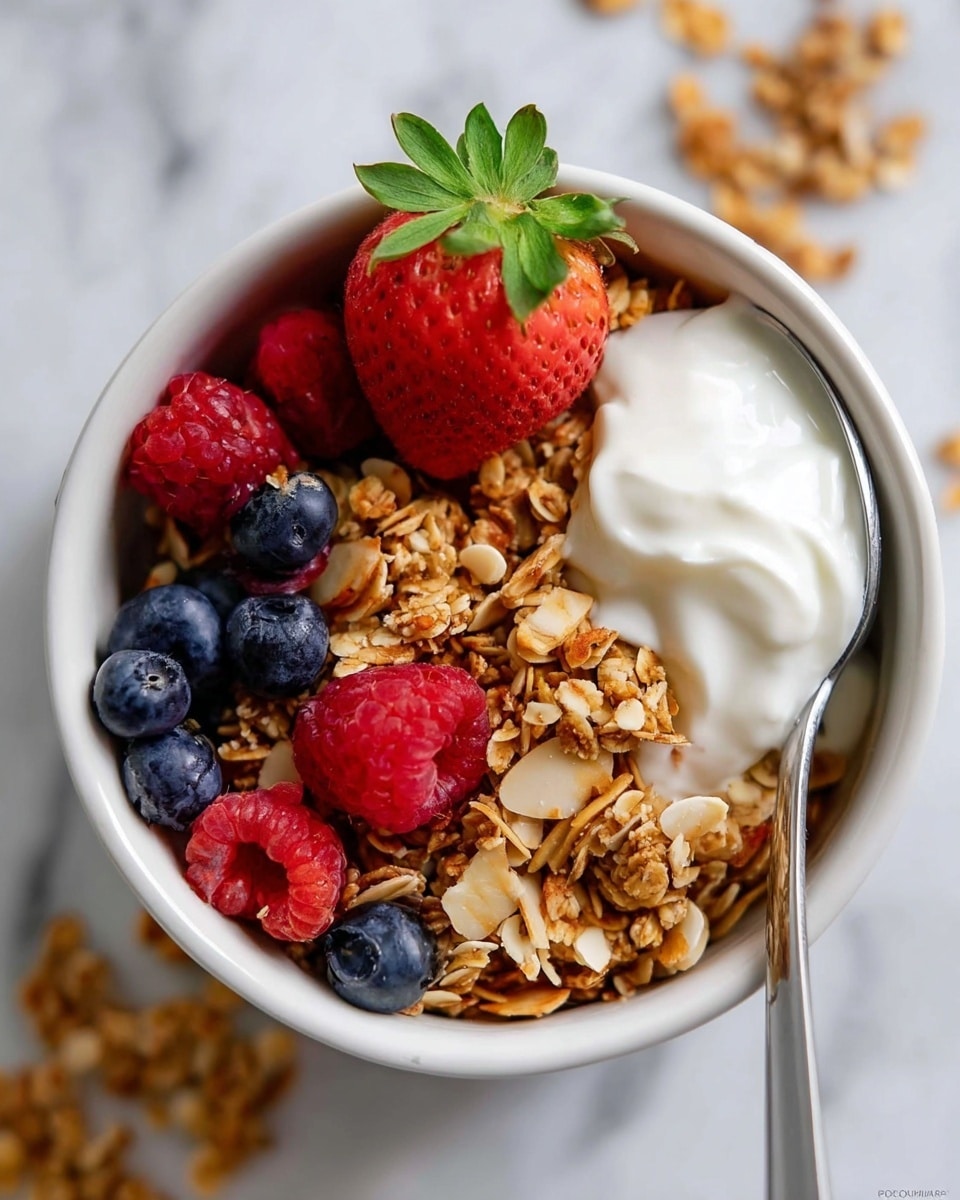 A white cup filled with a mix of golden-brown granola and fresh berries. The granola has many oats and almond slices, layered thick and crunchy on top. Mixed in are bright red raspberries and a large strawberry with green leaves at the top, sitting on the left side. There are also plump blue blueberries scattered throughout the granola. On the right side, a spoon is scooping up some smooth, white yogurt topped with granola pieces. The cup is set on a white marbled surface, and a few granola pieces are scattered around the cup. Photo taken with an iphone --ar 4:5 --v 7