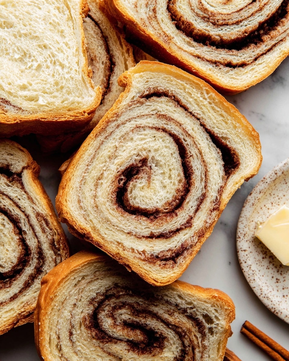 The image shows several slices of cinnamon swirl bread arranged closely on a white marbled surface. Each slice has a golden-brown crust with a soft, light beige inside that has a distinct dark brown cinnamon swirl running in a spiral pattern from the crust to the center. The bread texture looks fluffy and slightly airy. In the top right corner, there is a white plate with speckled brown edges holding a small piece of butter. A couple of cinnamon sticks are also visible near the bread slices. The overall look is fresh and inviting. photo taken with an iphone --ar 4:5 --v 7