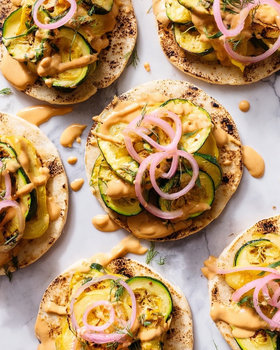 Several round, toasted flatbreads are laid out on a white marbled surface. Each flatbread has a base layer of slightly browned spread, topped with grilled yellow and green zucchini slices that have a soft, slightly charred texture. On top of the veggies, there is a drizzle of creamy, orange sauce, adding a smooth and glossy appearance. Delicate, pale pink pickled onion spirals are scattered over the sauce, providing a light and fresh contrast. The arrangement is casual, with some sauce drops on the surface, and the flatbreads showing a toasted, slightly rough texture around the edges. photo taken with an iphone --ar 4:5 --v 7