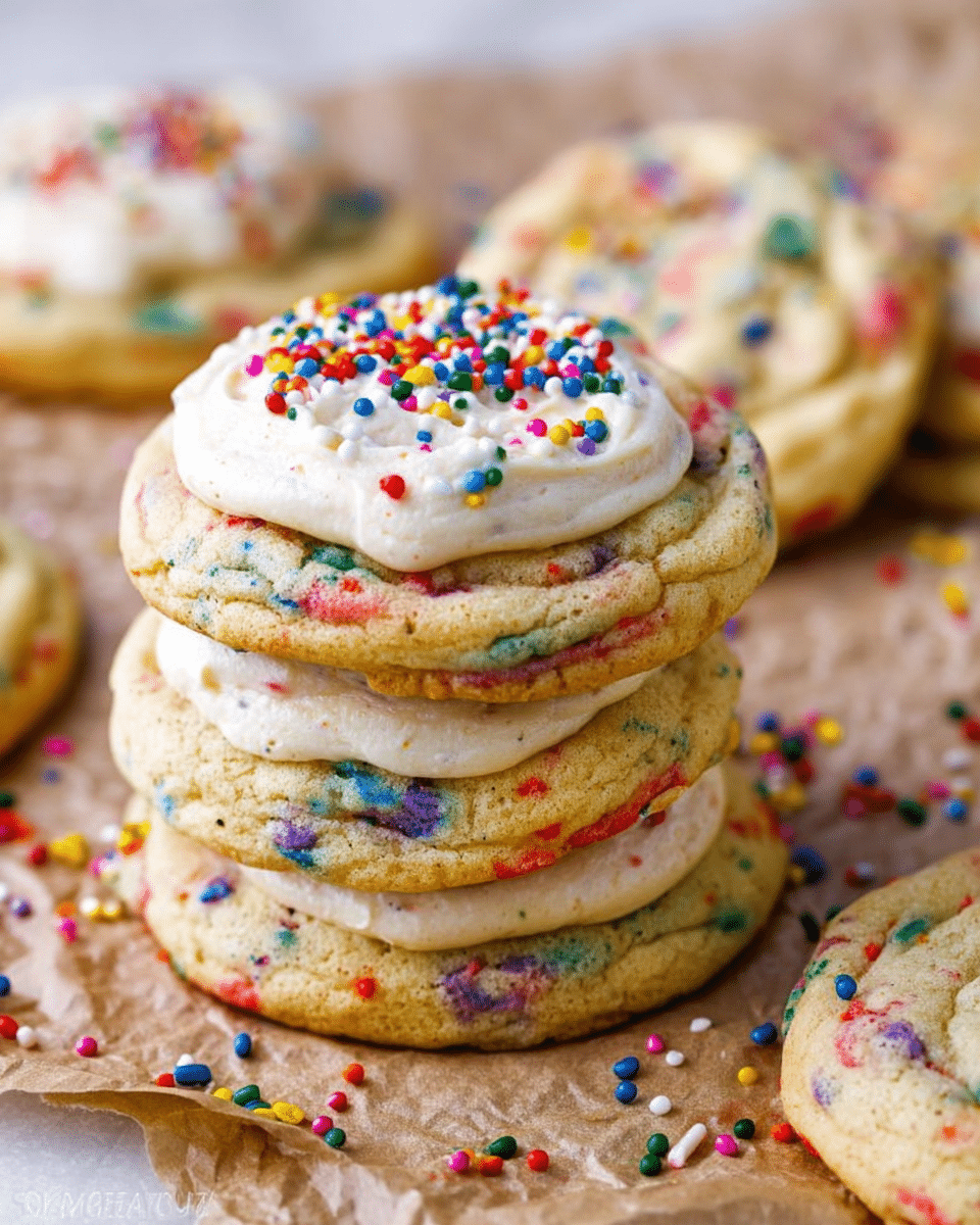 A close-up of a stack of five thick cookies with a soft, slightly cracked texture. Each cookie has colorful sprinkles baked into the dough, showing red, blue, green, purple, and yellow specks throughout its golden surface. The top cookie is covered with a thick, smooth layer of white frosting, topped with small round multicolored sprinkles scattered across. The cookies rest on crumpled brown parchment paper, with more sprinkles scattered around them. In the background, more cookies with similar frosting and sprinkles are slightly blurred. The photo is taken on a white marbled texture. Photo taken with an iphone --ar 4:5 --v 7