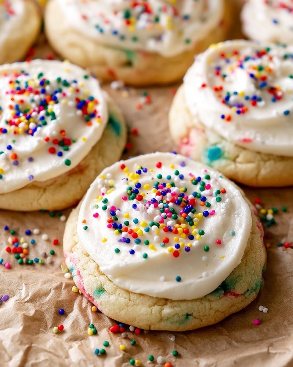 The image shows several round, soft cookies with a light beige base that has colorful confetti-like spots mixed inside. Each cookie is topped with a thick layer of smooth white frosting, swirled softly across the top. The frosting is sprinkled with small, round, multicolored sprinkles in red, green, yellow, blue, purple, and white, creating a festive look. The cookies are placed on a crinkled brown paper surface, and a few sprinkles are scattered around them. The overall scene conveys a cozy, homemade feeling. photo taken with an iphone --ar 4:5 --v 7