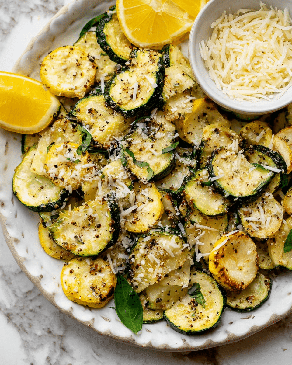 A white plate filled with multiple pieces of cooked zucchini slices, each slice cut into half-moon shapes and showing a mix of yellowish inside and green skin. The zucchini is sprinkled with black pepper and finely grated white cheese scattered over the top. There are two lemon wedges placed on the plate at opposite sides, adding a bright yellow contrast. A small white bowl sits on the top right side of the plate, filled with a heap of shredded cheese. A few green herb leaves are scattered among the zucchini pieces. The whole scene rests on a white marbled surface that adds a clean and fresh feel to the image. Photo taken with an iphone --ar 4:5 --v 7