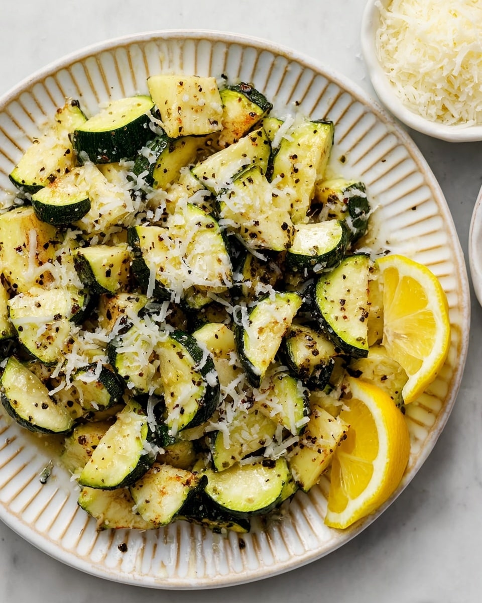 The image shows a white plate with small ridges on the edges, filled with roasted zucchini pieces cut into thick half-moons, seasoned with black pepper and herbs, and topped with grated white cheese. There are two lemon wedges on opposite sides of the plate, adding a bright yellow contrast to the green and pale yellow zucchini. A small white bowl filled with extra grated cheese sits near the edge of the plate, slightly overlapping the zucchini. The plate is placed on a white marbled surface, creating a clean and fresh background. photo taken with an iphone --ar 4:5 --v 7
