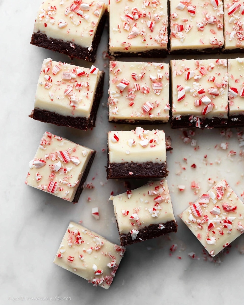 A tray of square peppermint bark brownies arranged on a white marbled surface. Each brownie has two layers: the bottom layer is a dark, rich chocolate base with a smooth texture, and the top layer is a creamy white coating covered with small pieces of crushed red and white peppermint candy. Most brownies are lined up in rows, with several individual squares scattered loosely around, showing the thick contrast between the dark bottom and the white peppermint-topped layer. The light highlights the glossy, smooth white layer and the texture of the peppermint bits. Photo taken with an iphone --ar 4:5 --v 7