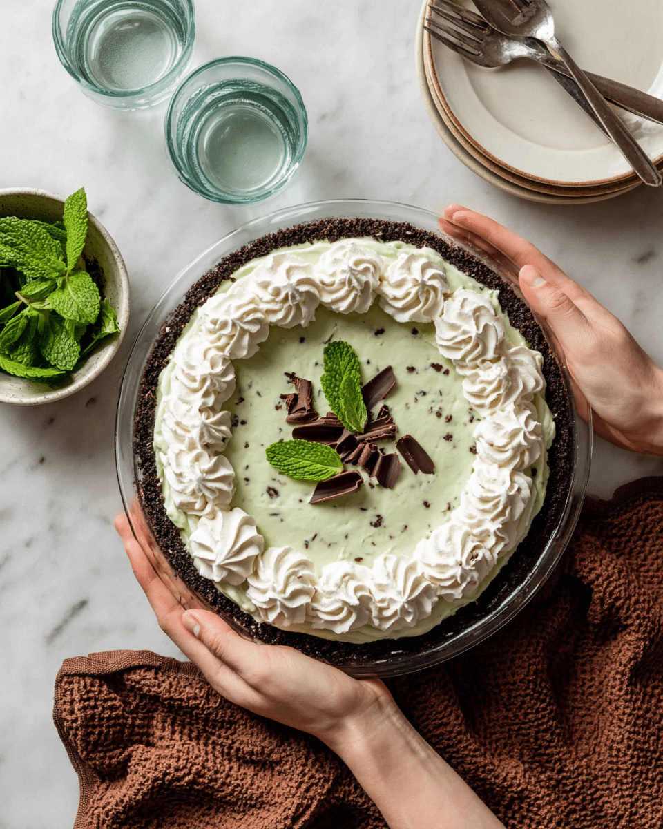 The image shows a round pie with three clear layers: the bottom is a dark chocolate crumb crust, the middle is a pale green creamy filling with small darker specks, and the top layer is a thick ring of white whipped cream piped in large swirls around the edge. In the center of the pie are a few chocolate curls and two small fresh green mint leaves. The pie is held by a woman's hands and placed on a white marbled surface. Nearby are two clear glasses of water, a small bowl of fresh mint leaves, and a stack of white plates with utensils on top. A brown textured cloth is partly visible near the pie. Photo taken with an iphone --ar 4:5 --v 7
