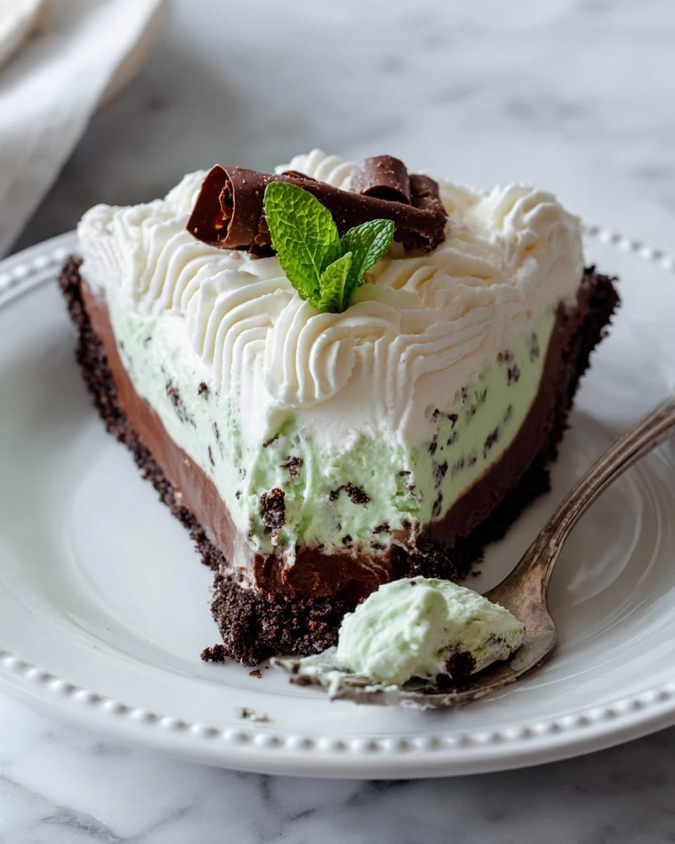 A slice of pie with three visible layers sits on a white plate with a decorative edge on a white marbled surface. The bottom layer is thick and dark brown, smooth and firm, resembling chocolate. The middle layer is pale green with tiny dark specks, creamy and soft, likely mint flavored with chocolate bits. The top layer is a swirl of white whipped cream with soft peaks, decorated with a small dark brown chocolate curl and a fresh green mint leaf. There is a silver fork with some of the green creamy layer on its tines resting on the plate in the front right corner. Photo taken with an iphone --ar 4:5 --v 7