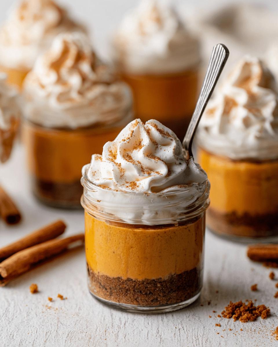 The image shows small glass jars each filled with three visible layers: a bottom dark brown crumbly crust, a middle thick creamy orange pumpkin layer, and a top swirl of white whipped cream dusted lightly with cinnamon. A metal spoon is sticking out of the whipped cream in the jar in the front, while several more jars are blurred in the background. The jars sit on a white marbled surface scattered with a few cinnamon sticks and crumbs, creating a cozy and inviting dessert scene. photo taken with an iphone --ar 4:5 --v 7