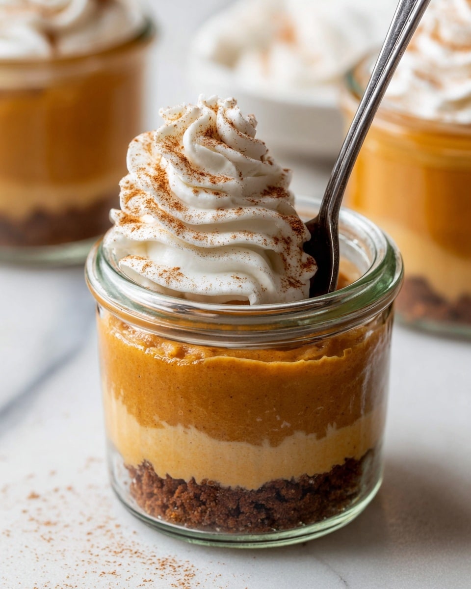 A small clear glass jar holds three visible layers of a dessert: the bottom layer is a dark brown crumbly crust, the middle layer is a thick, smooth pumpkin-orange filling, and the top layer is a swirl of white whipped cream sprinkled with light brown cinnamon powder. A silver spoon is inserted into the jar, gently pushing into the whipped cream. The jar sits on a white marbled surface with another jar blurred out in the background. photo taken with an iphone --ar 4:5 --v 7