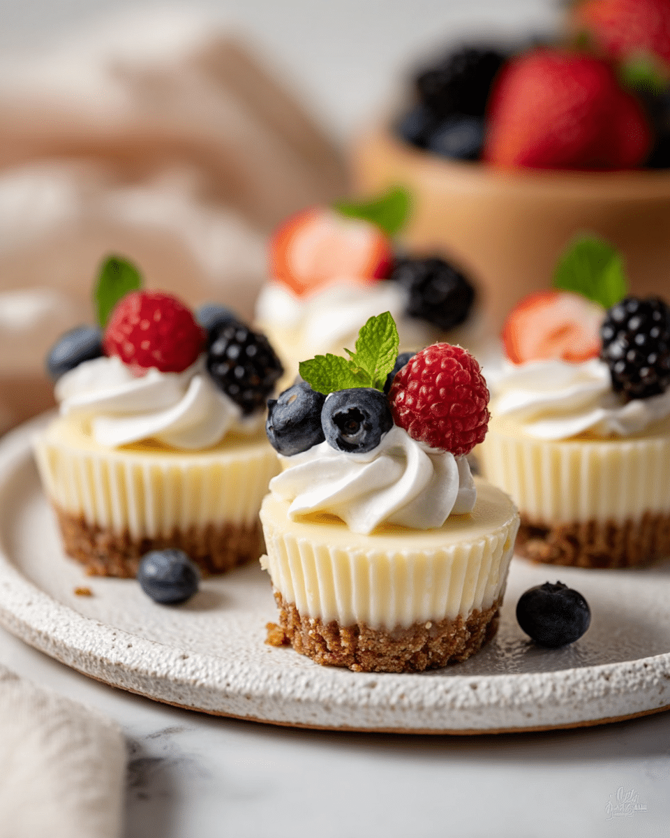 Mini cheesecakes are shown on a white plate with a rough textured edge, placed on a white marbled surface. Each cheesecake has three visible layers: the bottom layer is a firm, crumbly crust in brown, the middle layer is a smooth, creamy light yellow cheesecake filling, and the top layer is a swirl of white whipped cream. Different fresh berries and a small green mint leaf decorate the top of each cheesecake, including blackberries, blueberries, raspberries, and red strawberries. In the background, a wooden bowl filled with more mixed berries sits softly blurred. Photo taken with an iphone --ar 4:5 --v 7