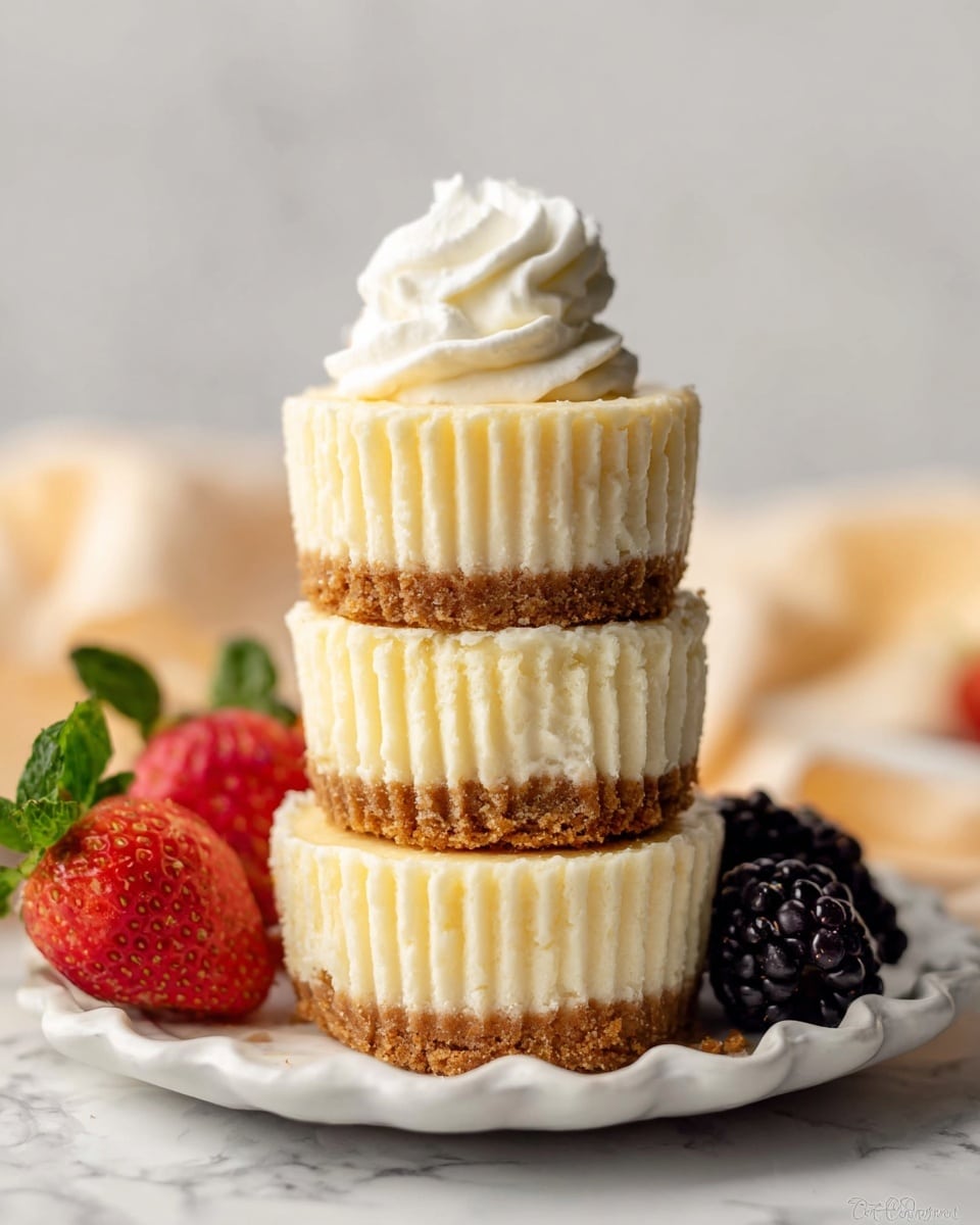 A stack of three mini cheesecakes is shown, each having a smooth, creamy light yellow top layer with a soft texture, and a firm, crumbly brown crust at the bottom. The top mini cheesecake is decorated with a swirl of white whipped cream. They sit on a white fluted paper cup resting on a white plate with scalloped edges, placed on a white marbled surface. There are fresh strawberries and blackberries with green leaves nearby, adding color to the scene. Photo taken with an iphone --ar 4:5 --v 7
