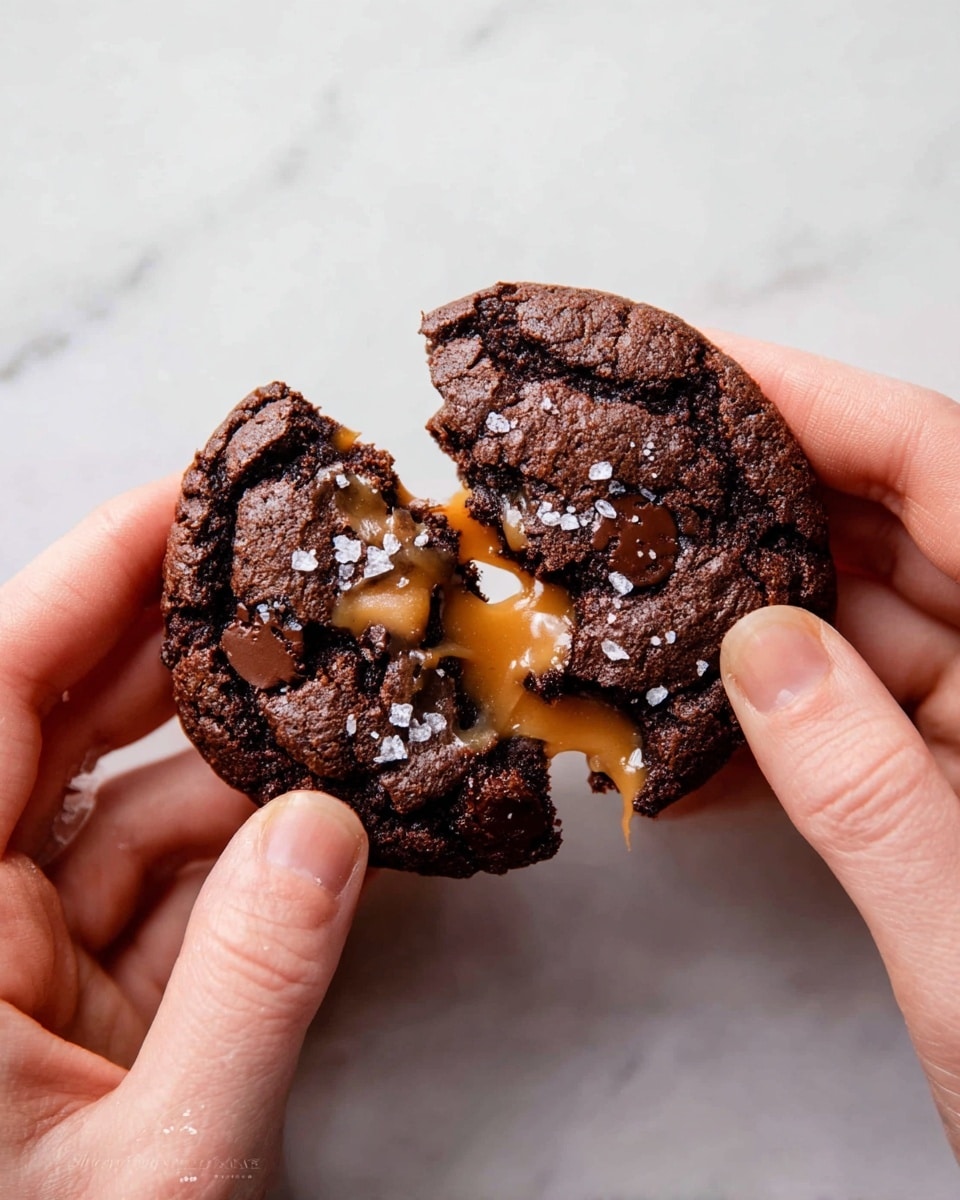A close-up photo shows two woman's hands pulling apart a soft, dark brown chocolate cookie. The cookie has a slightly cracked surface with visible chocolate chips and is sprinkled lightly with flaky sea salt. As the cookie breaks, a gooey layer of melted caramel stretches between the separated halves, looking rich and sticky. The background is a clean white marbled texture. photo taken with an iphone --ar 4:5 --v 7