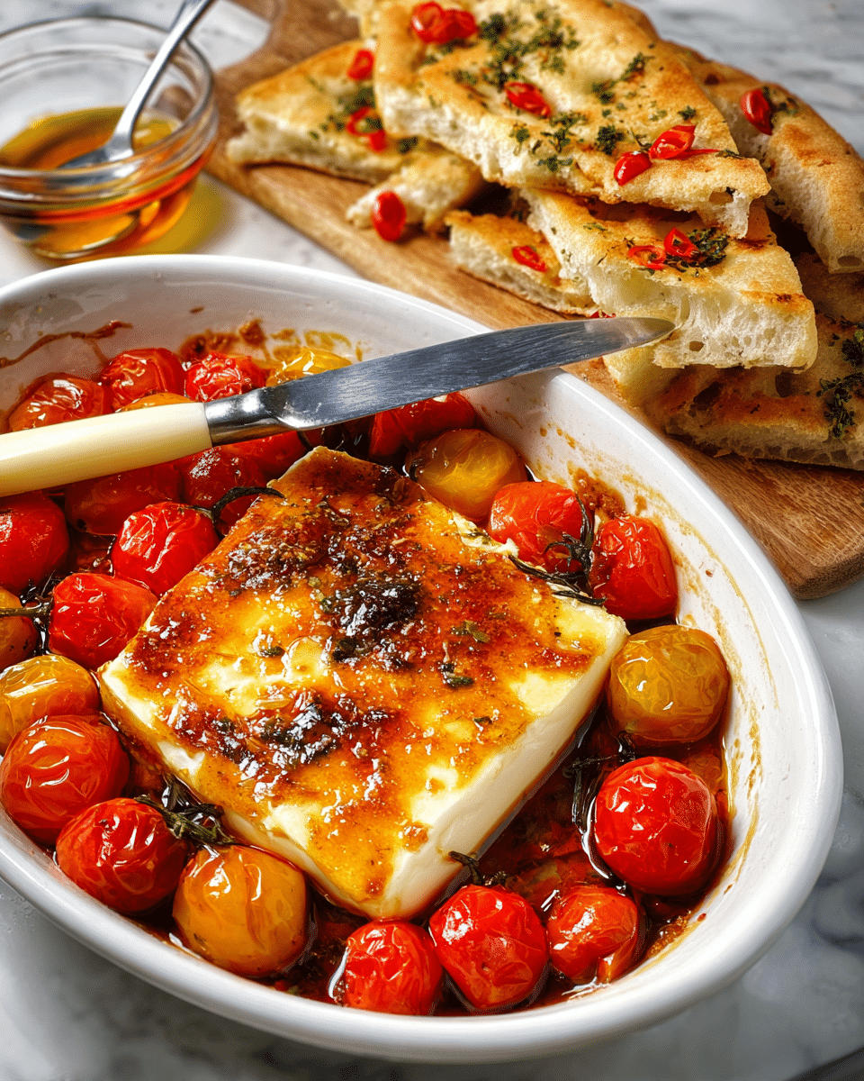 A white oval dish filled with a roasted block of golden brown cheese at the center, surrounded by vibrant red, yellow, and orange roasted cherry tomatoes glistening with oil. The cheese has a textured, slightly charred surface, giving a rich and savory look. A knife with a cream-colored handle rests gently on top of the cheese, with its blade pointing towards the upper right. Behind the dish, several slices of focaccia bread topped with red chili flakes and herbs are stacked, showing a fluffy and soft texture. A small glass bowl with honey and a spoon is partially visible in the background, all placed on a white marbled surface photo taken with an iphone --ar 4:5 --v 7