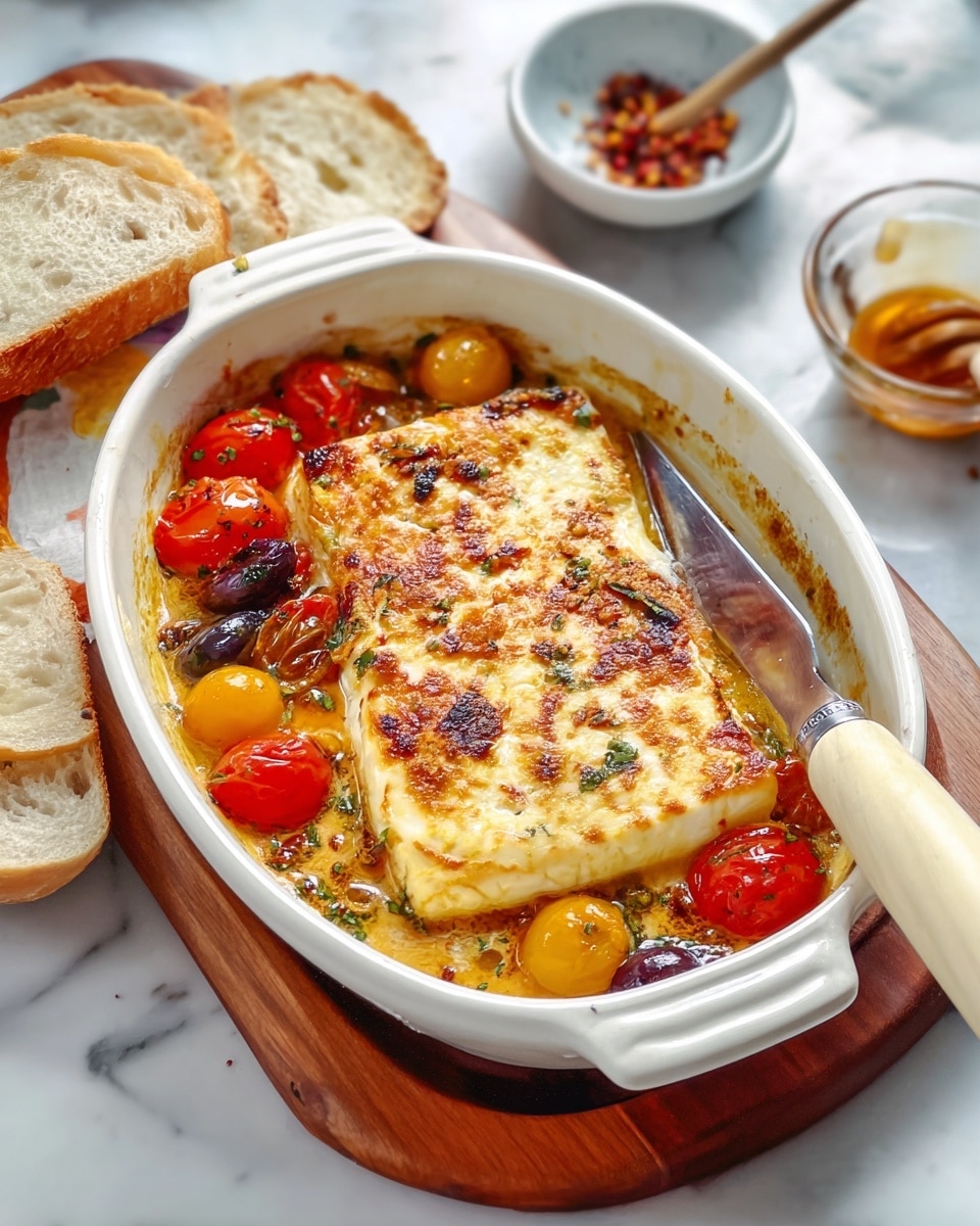 A white oval baking dish contains a single large block of golden brown baked cheese with a slightly crispy surface and some darker browned spots, sitting on a liquid base with small cherry tomatoes in red, yellow, and purple colors scattered around. The dish is placed on a white marbled surface with a wooden cutting board edge visible below. To the right side of the dish, a silver knife with a light cream handle rests partly in and over the dish, and next to it are slices of white bread showing a soft inside texture. In the background, there is a small white bowl with chili flakes and a small glass bowl with honey and a wooden honey brush. photo taken with an iphone --ar 4:5 --v 7