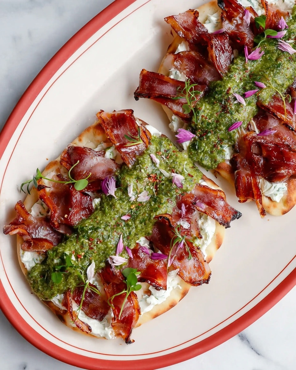 Two flatbread slices on a white plate with red rim, placed on a white marbled surface. Each slice has a base layer of smooth white cheese spread evenly, topped with thin, slightly charred, curled pieces of reddish-brown grilled meat arranged in neat rows. On top of the meat is a thick, vibrant green sauce spread along the center, garnished with small purple and white edible flower petals and tiny green herb sprigs, adding color and texture contrast. photo taken with an iphone --ar 4:5 --v 7