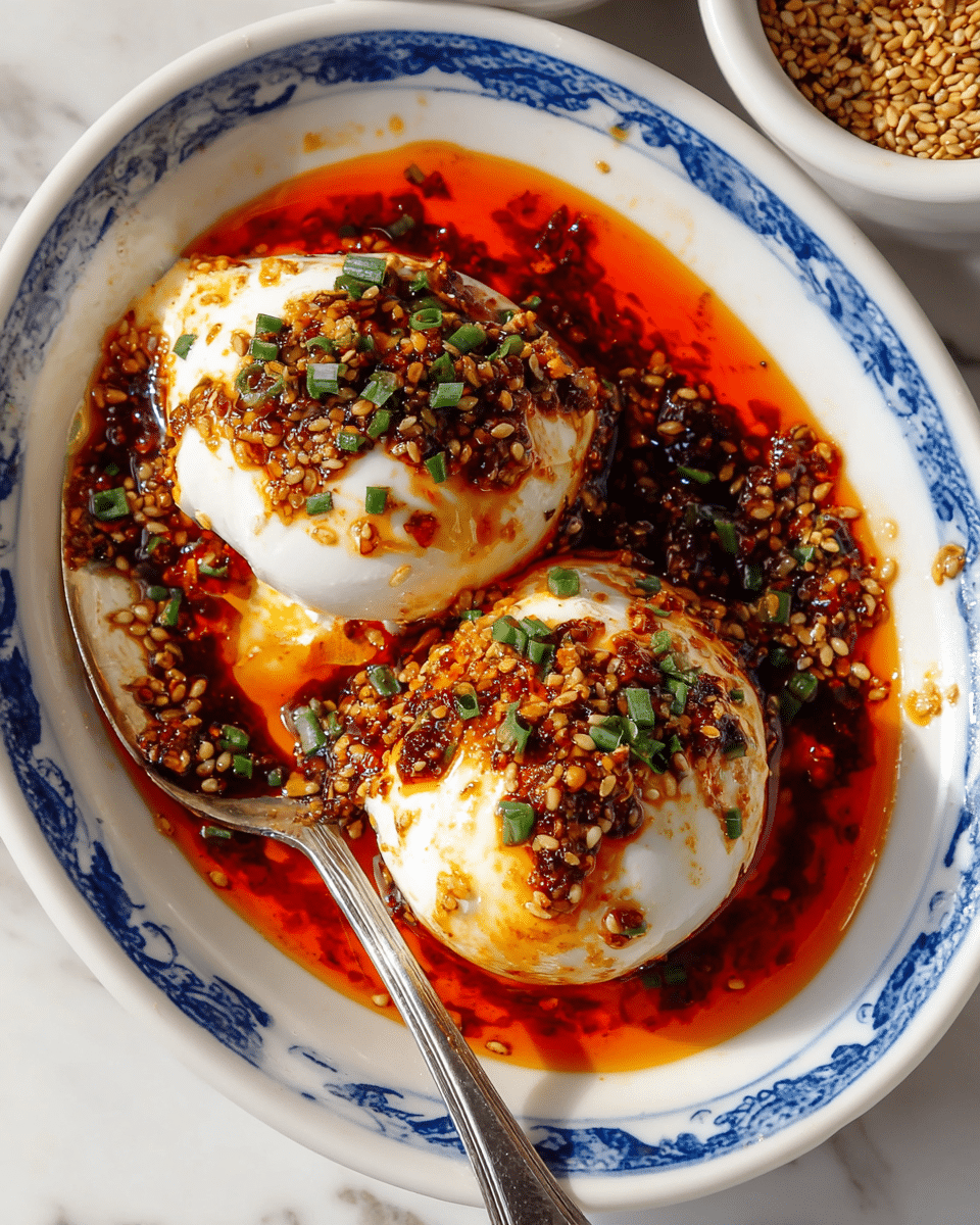The image shows two large white balls of soft cheese placed side by side in a white oval dish with blue floral patterns. The cheese balls are covered with a bright red chili oil sauce that pools around the bottom of the dish. On top of each cheese ball, there is a thick layer of dark red chili flakes mixed with sesame seeds and small pieces of chopped green herbs, likely chives, adding green color contrast. The chili oil sauce glistens with sesame seeds sprinkled across the dish. In the background, there is a white bowl filled with a yellowish-orange grain, a small clear bowl with green chopped herbs, and a knife with a cream-colored handle resting on a white marbled surface. photo taken with an iphone --ar 4:5 --v 7