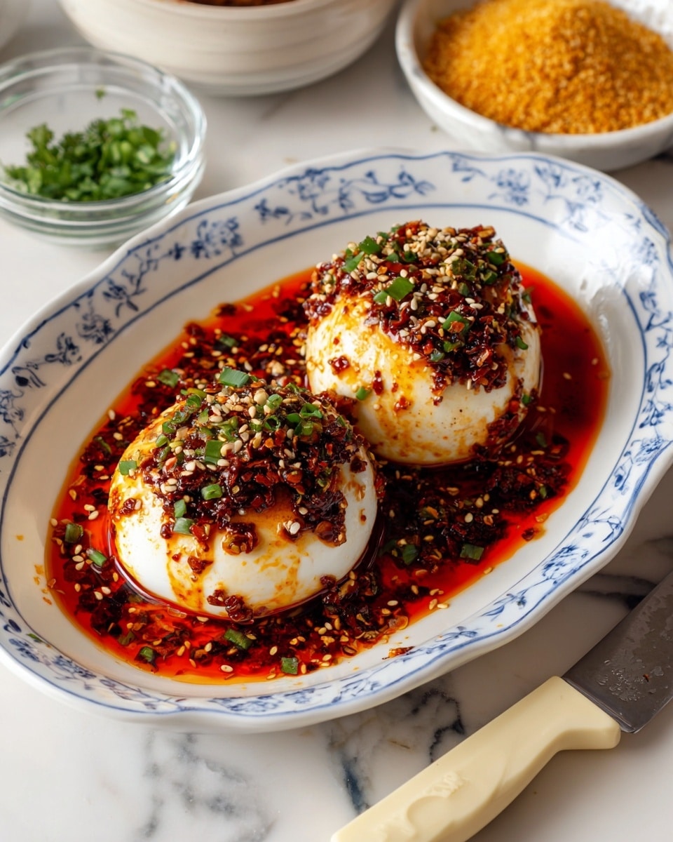 A close-up shot of two soft, white burrata balls placed in a white bowl with blue patterns. The burrata is covered with a shiny, bright red chili oil sauce that pools around the base, mixing with bits of toasted sesame seeds and finely chopped green chives scattered on top. The surface of the burrata shows creamy textures with some parts slightly broken open, revealing the soft interior soaked with the chili oil. A silver spoon rests in the bowl on the left side, dipped partly in the chili oil. The background is a white marbled texture with a glimpse of another white bowl containing sesame seeds in the top right corner. Photo taken with an iphone --ar 4:5 --v 7