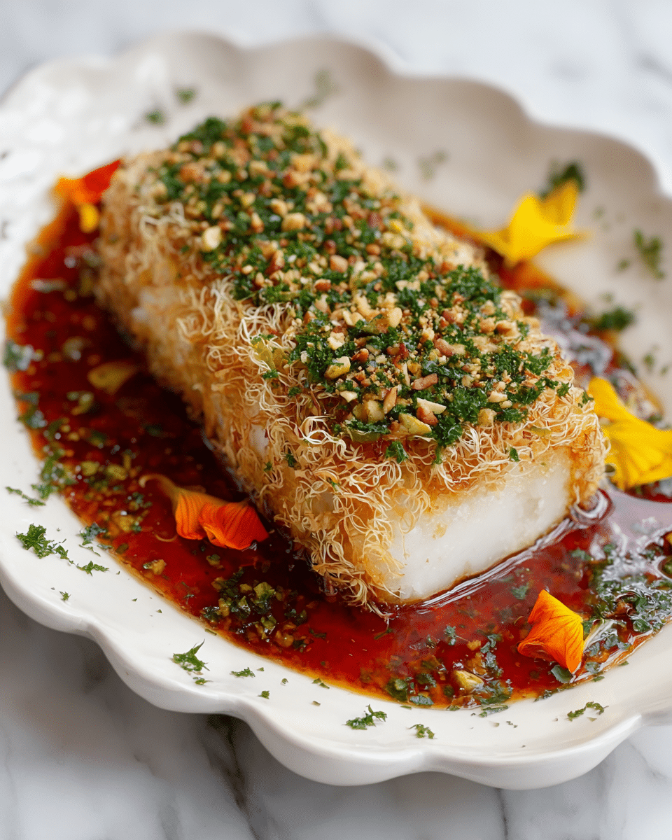 A white scalloped plate holds an oval-shaped dish covered in a golden-brown, crispy layer of fine noodles or shredded pastry. The top is garnished with finely chopped green herbs and small bits of crushed nuts, creating a textured green and light beige strip running down the center. The dish sits on a thick, glossy red-orange sauce that spreads across the plate’s base, dotted with small yellow and orange flower petals, adding bright splashes of color. In the background, a silver knife with a cream handle rests near the plate on a white marbled surface. Photo taken with an iphone --ar 4:5 --v 7