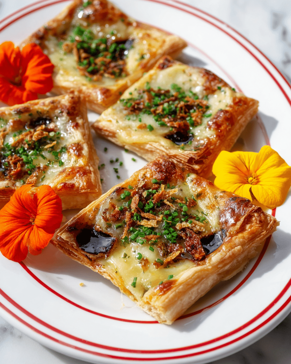 The dish shows three square pieces of golden-brown flaky pastry, each topped with multiple layers: a dark, glossy sauce at the bottom, a melted pale yellow cheese layer with a soft texture, and small bits of crispy brown garnish sprinkled on top. Finely chopped green herbs are scattered over the cheese, adding a fresh contrast. The pieces are arranged on a white plate with two thin red rings near the edge, and bright orange and yellow edible flowers are placed between the pastries. The background surface is white with a marbled texture. Photo taken with an iphone --ar 4:5 --v 7