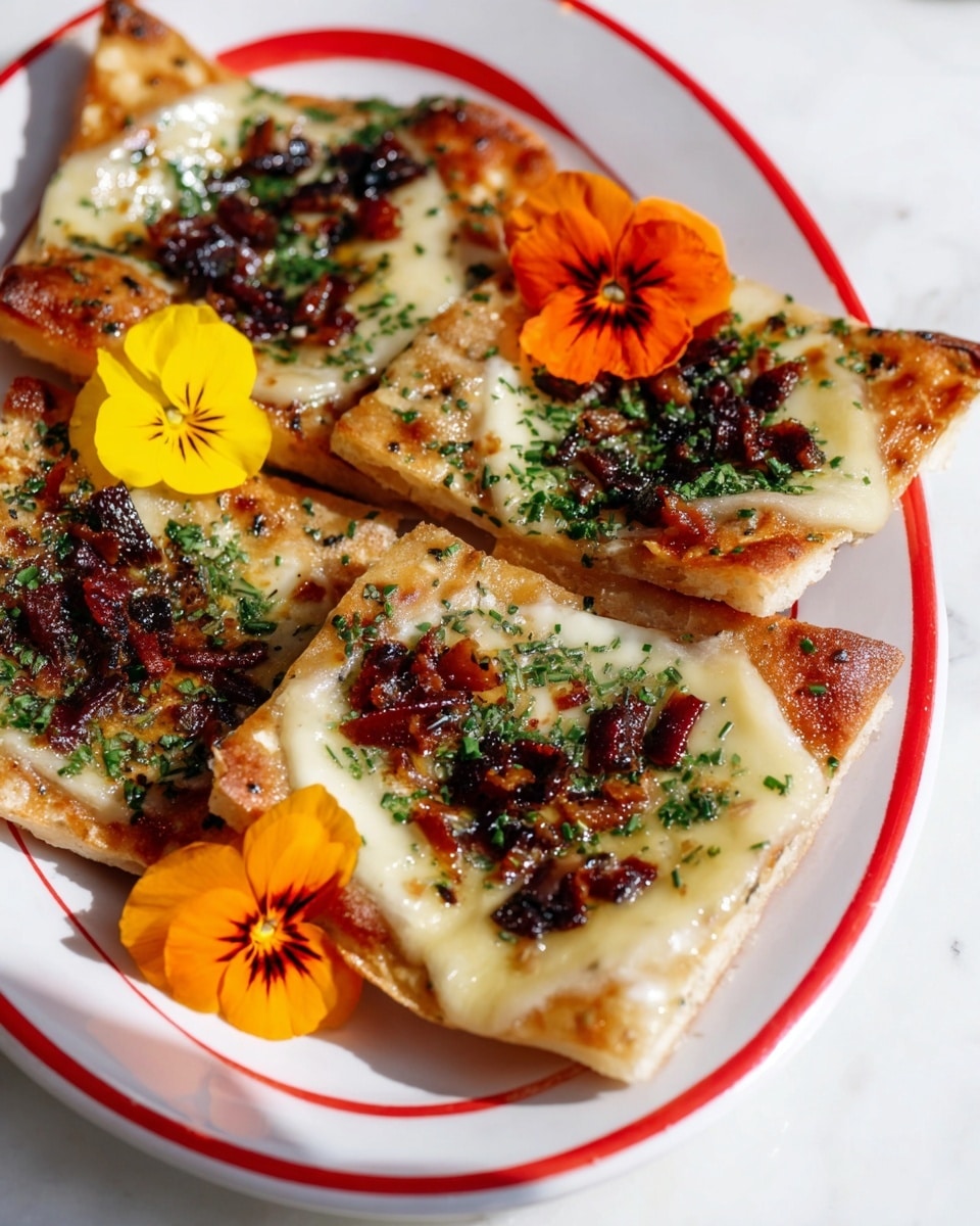 The image shows several small square flatbreads with a golden-brown crust, each topped with a layer of melted cheese that has a smooth, slightly glossy texture. On top of the cheese are scattered pieces of dark, glossy caramelized onions and small bits of reddish-brown bacon or similar garnish, sprinkled evenly with finely chopped green herbs. Two edible flowers, one orange and one bright yellow, rest among the flatbreads on the white plate with red trim. The plate sits on a white marbled surface, and the overall look is fresh, colorful, and appetizing. photo taken with an iphone --ar 4:5 --v 7