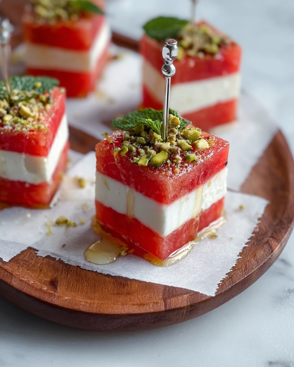 The image shows small square stacks of watermelon and white cheese, each with three layers: a bottom layer of bright red watermelon, a middle layer of smooth white cheese, and a top layer of red watermelon. Each stack is topped with a green mint leaf and sprinkled with crushed pistachios and a drizzle of syrup, all held together by a silver pick. The squares are placed on white parchment paper, set on a round wooden tray, all on a white marbled surface. Photo taken with an iphone --ar 4:5 --v 7