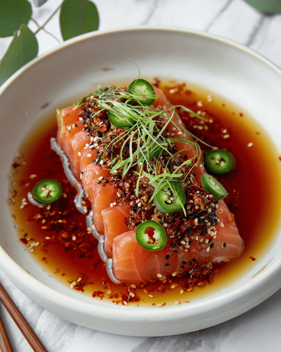 Thin slices of light pink raw salmon are arranged in layers on a white shallow bowl, partially submerged in a reddish-brown sauce with visible chili flakes and sesame seeds. On top of the salmon, there is a thick layer of finely chopped dark red mixture sprinkled with black and white sesame seeds. Bright green slices of jalapeño and fine strands of green herbs decorate the top, adding contrast. The dish sits against a white marbled textured background with some green leaves and chopsticks visible near the bowl. Photo taken with an iphone --ar 4:5 --v 7
