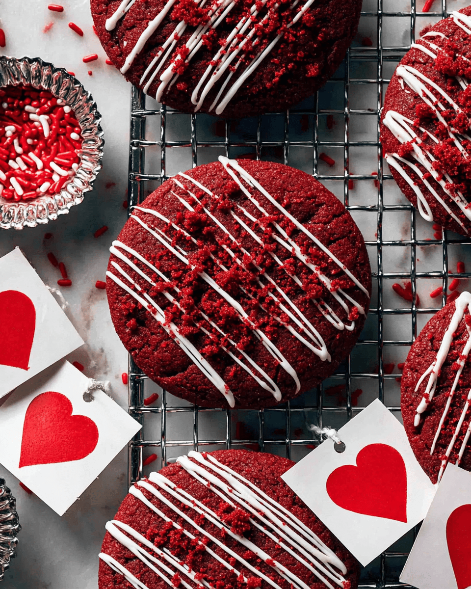 The image shows several round red velvet cookies arranged on a cooling rack over a white marbled surface. Each cookie has a smooth, moist texture with a deep red color and is decorated with diagonal thin white icing lines drizzled across the top. Small crumbs of red velvet cake are scattered over the icing on some cookies, adding texture. There is a silver fluted bowl filled with small red candy sprinkles shaped like hearts and rods nearby, along with white fabric flags featuring a red heart, enhancing the Valentine’s theme. The overall look is rich red with contrasting white details, sitting on a clean white background. photo taken with an iphone --ar 4:5 --v 7