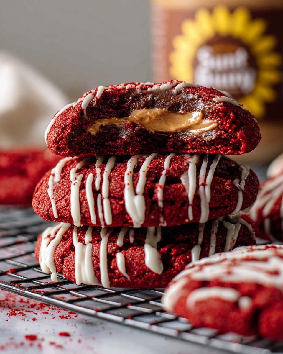 A stack of three thick red velvet cookies is shown on a white marbled surface, each cookie decorated with thin white icing drizzled in zigzag patterns. The cookies have a rich deep red color with a soft, slightly crumbly texture, and are layered with a smooth brown peanut butter filling visible inside the broken pieces. The top cookie is partially broken, revealing the dark brown filling between the vibrant red cookie layers. The cookies rest on a cooling rack, and in the blurred background, there is a jar with a sunflower logo and brown label. Photo taken with an iphone --ar 4:5 --v 7