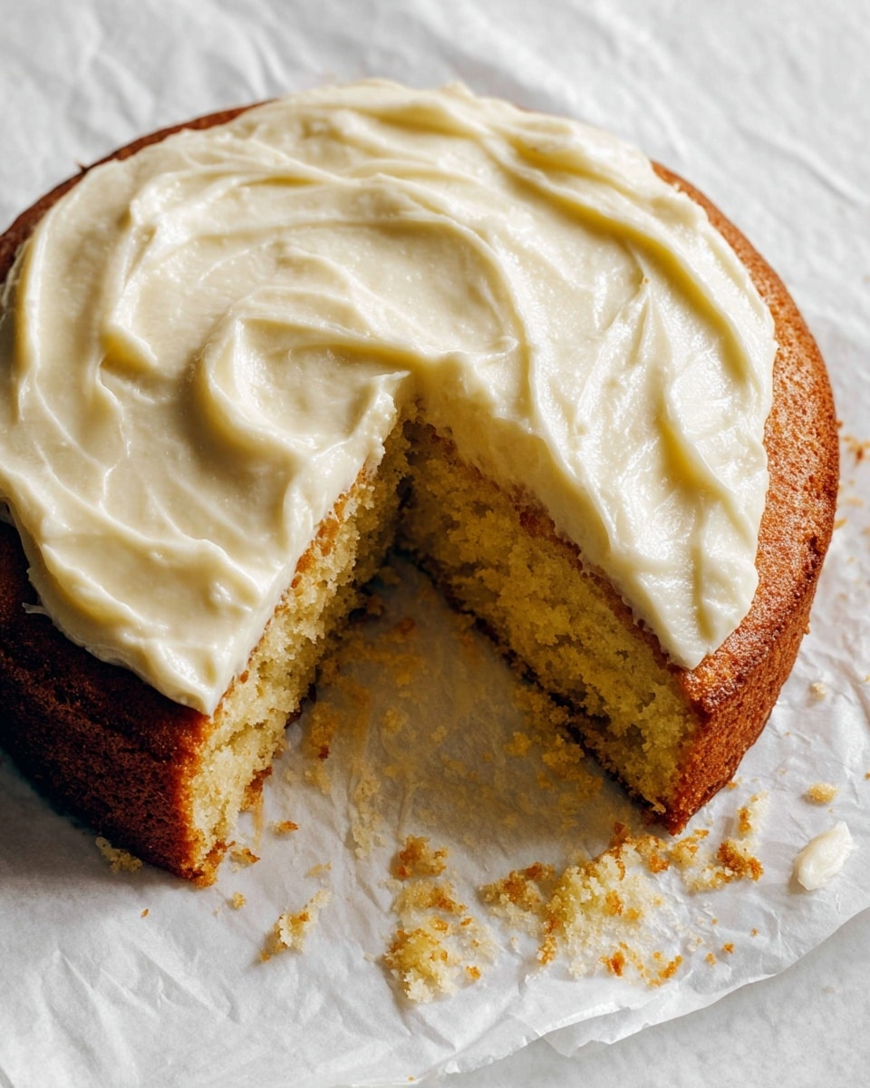 This image shows a close-up of a single-layer round cake on white parchment paper, placed on a white marbled surface. The cake has a golden-brown crust and a moist, yellow crumb that looks soft and dense. The top layer is thick with creamy white frosting that is spread with gentle, textured swirls. A large slice has been cut out from the cake, revealing the smooth inside texture and leaving some crumbs and smears of frosting on the parchment paper around it. photo taken with an iphone --ar 4:5 --v 7