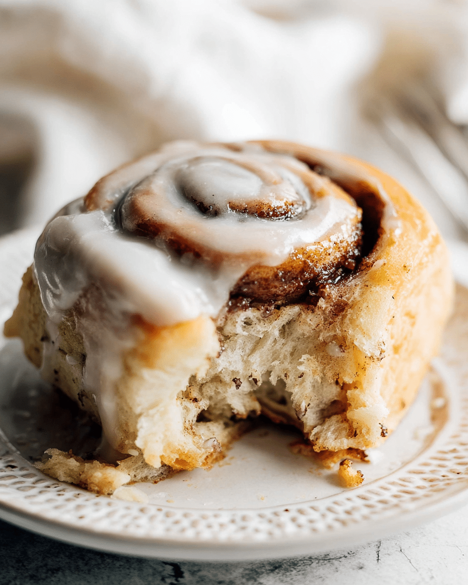 A close-up of a single cinnamon roll with two visible spiral layers of light golden brown dough and dark brown cinnamon filling inside. The roll is topped with a thick, creamy white glaze that covers most of the top surface, showing small dark vanilla specks. Part of the outer edge of the roll is broken off, revealing soft, fluffy texture with some cinnamon bits inside and a bit of melted glaze pooling on a white plate with a patterned rim. The background has a softly blurred white marbled texture with a white cloth in the upper part of the image. Photo taken with an iphone --ar 4:5 --v 7