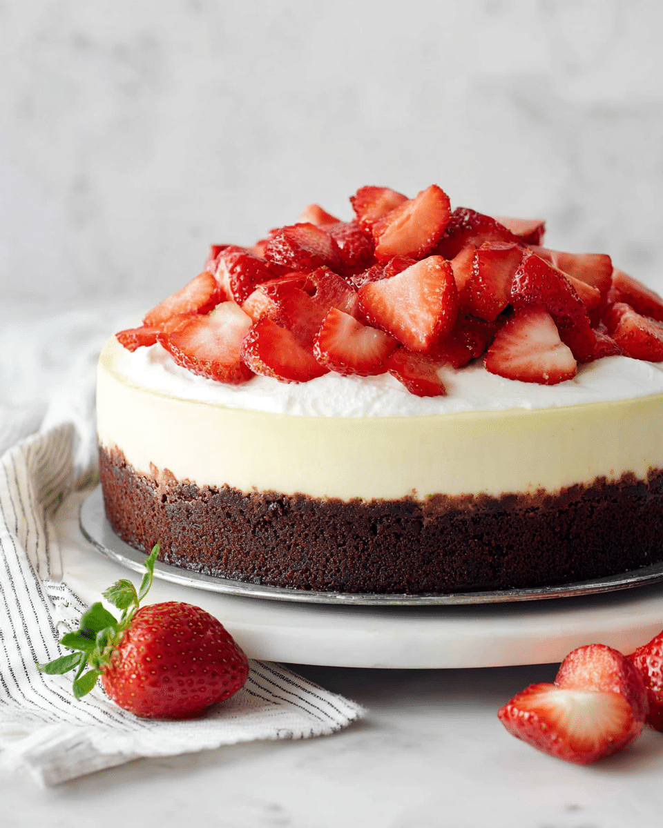 A three-layer dessert sits on a white marbled surface with a white striped cloth nearby; the bottom layer is thick, dark brown, and looks moist like chocolate cake, the middle layer is smooth and creamy with a pale yellow color resembling cheesecake or mousse, and the top layer is a thick spread of white cream topped with a generous pile of fresh, bright red strawberry slices that are shiny and juicy. Whole strawberries and strawberry halves are casually placed around the cake, adding a fresh touch. The dessert is on a reflective silver round stand. photo taken with an iphone --ar 4:5 --v 7