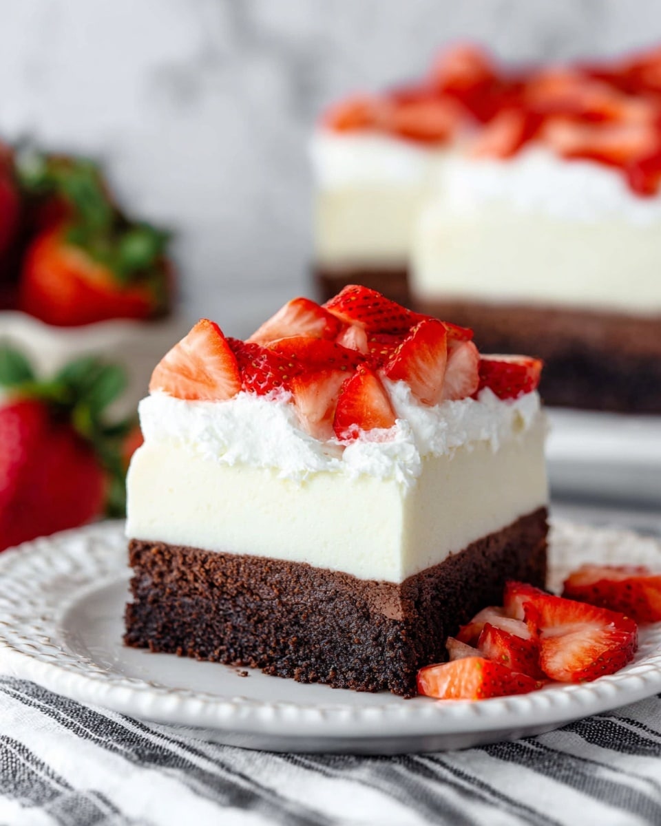 A close-up view of a three-layer dessert slice on a white plate with a patterned edge, set on a white marbled surface with a striped cloth underneath. The bottom layer is dark brown, moist, and looks like chocolate cake. The middle layer is thick, smooth, and creamy white, resembling a cheesecake or mousse. On top, there is a fluffy layer of white whipped cream. Fresh, sliced red strawberries are piled neatly on top of the whipped cream and scattered on the plate around the slice. In the blurred background, there is a larger cake topped with more strawberries and a bunch of fresh strawberries on the left side. photo taken with an iphone --ar 4:5 --v 7