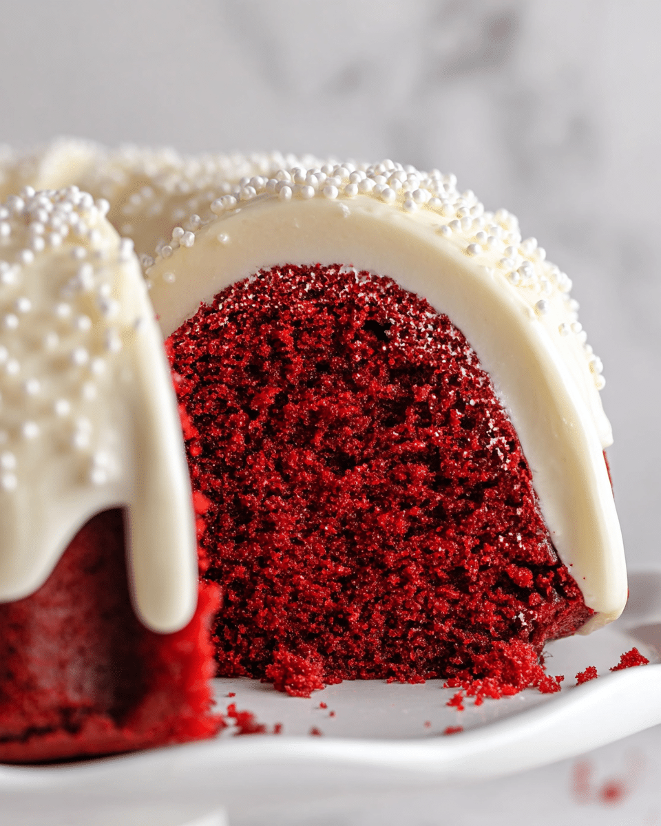 A close-up view of a slice of red velvet bundt cake showing two main layers: a thick, moist, and crumbly deep red cake base on the bottom and a smooth, creamy white frosting layer covering the top edge, dripping slightly down the sides. The frosting is decorated with small white pearl sprinkles, and the cake rests on a white dish with a curved edge. The background features a white marbled texture. Photo taken with an iphone --ar 4:5 --v 7