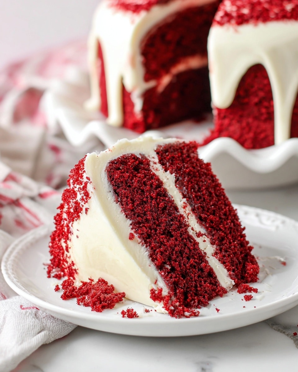 A close-up view of a slice of red velvet cake resting on a white plate with soft white cream cheese frosting between two thick, moist, and crumbly deep red layers, with some crumbs scattered on the plate; in the background, part of the whole red velvet cake with a smooth white drip icing on top is visible on a white scalloped-edge plate, all set on a white marbled surface with a soft folded napkin underneath. photo taken with an iphone --ar 4:5 --v 7
