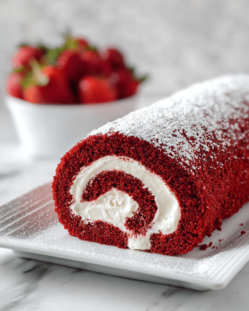 A red velvet roll cake with three visible layers, starting with a deep red spongy cake on the outer layer, a thick white creamy filling swirled evenly inside, and a light dusting of white powdered sugar on top, all placed on a white rectangular plate. In the background, a white bowl filled with bright red strawberries adds color contrast, all set against a white marbled surface. photo taken with an iphone --ar 4:5 --v 7