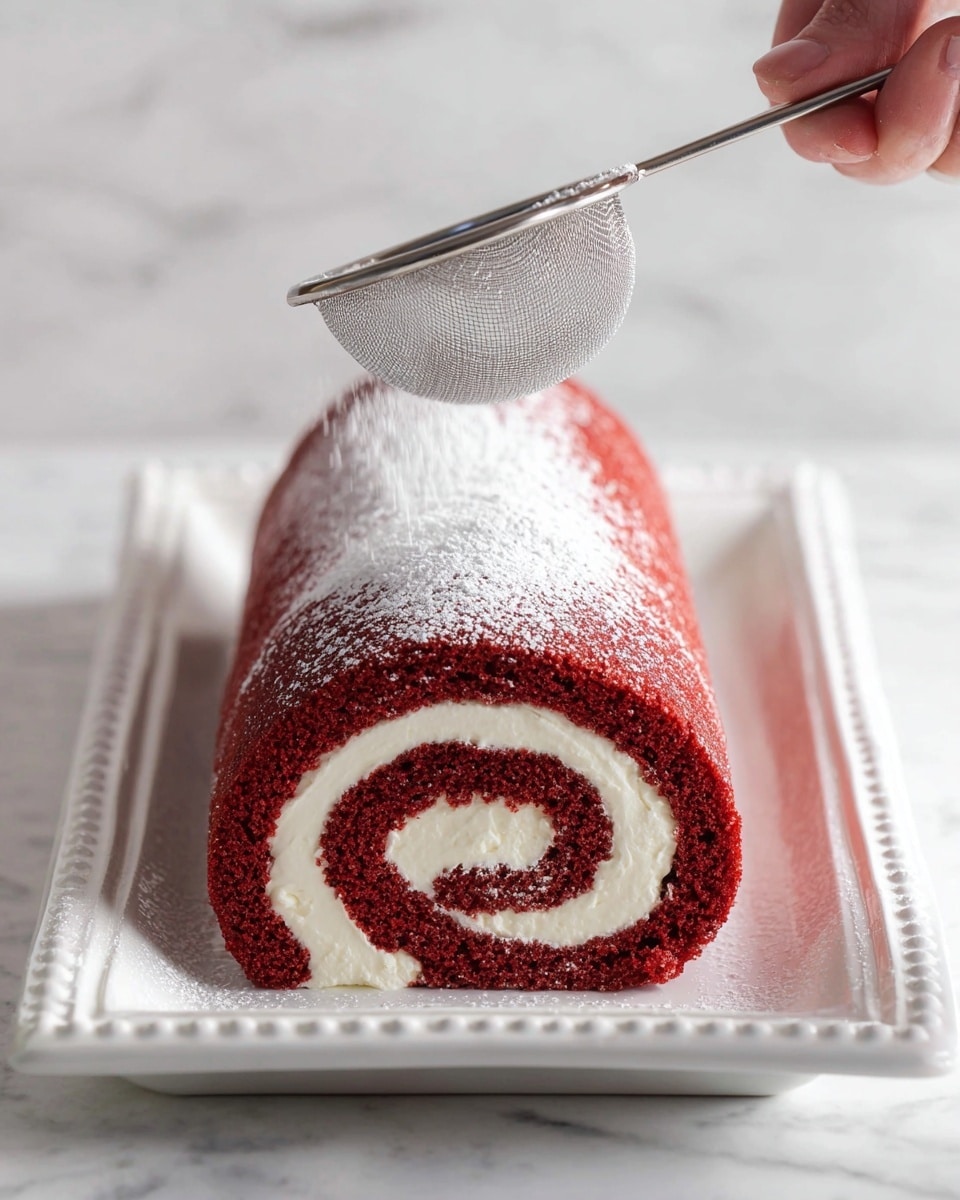 A red roll cake with one visible spiral layer of red sponge cake and white cream filling tightly rolled inside is placed on a white rectangular plate with detailed edges. The top of the roll cake is being dusted with white powdered sugar using a metal sieve held by a woman's hand from the right. The cake surface has a soft texture beneath the light layer of powder, and the whole scene is set on a white marbled background. photo taken with an iphone --ar 4:5 --v 7