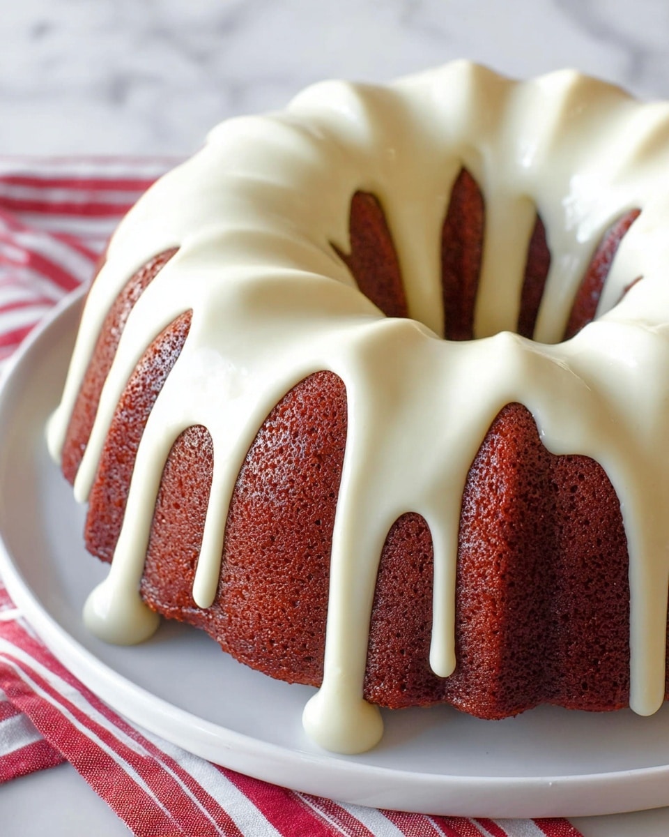 A single-layer bundt cake with a deep reddish-brown color, featuring a soft, matte texture. It sits on a simple white plate. The cake is topped with a thick, creamy white icing that drips evenly down the ridges of the bundt shape, creating wide, smooth stripes with rounded blobs at the bottom edges. The background is a soft white marbled surface, and a red-and-white striped cloth is partially visible beneath the plate. photo taken with an iphone --ar 4:5 --v 7
