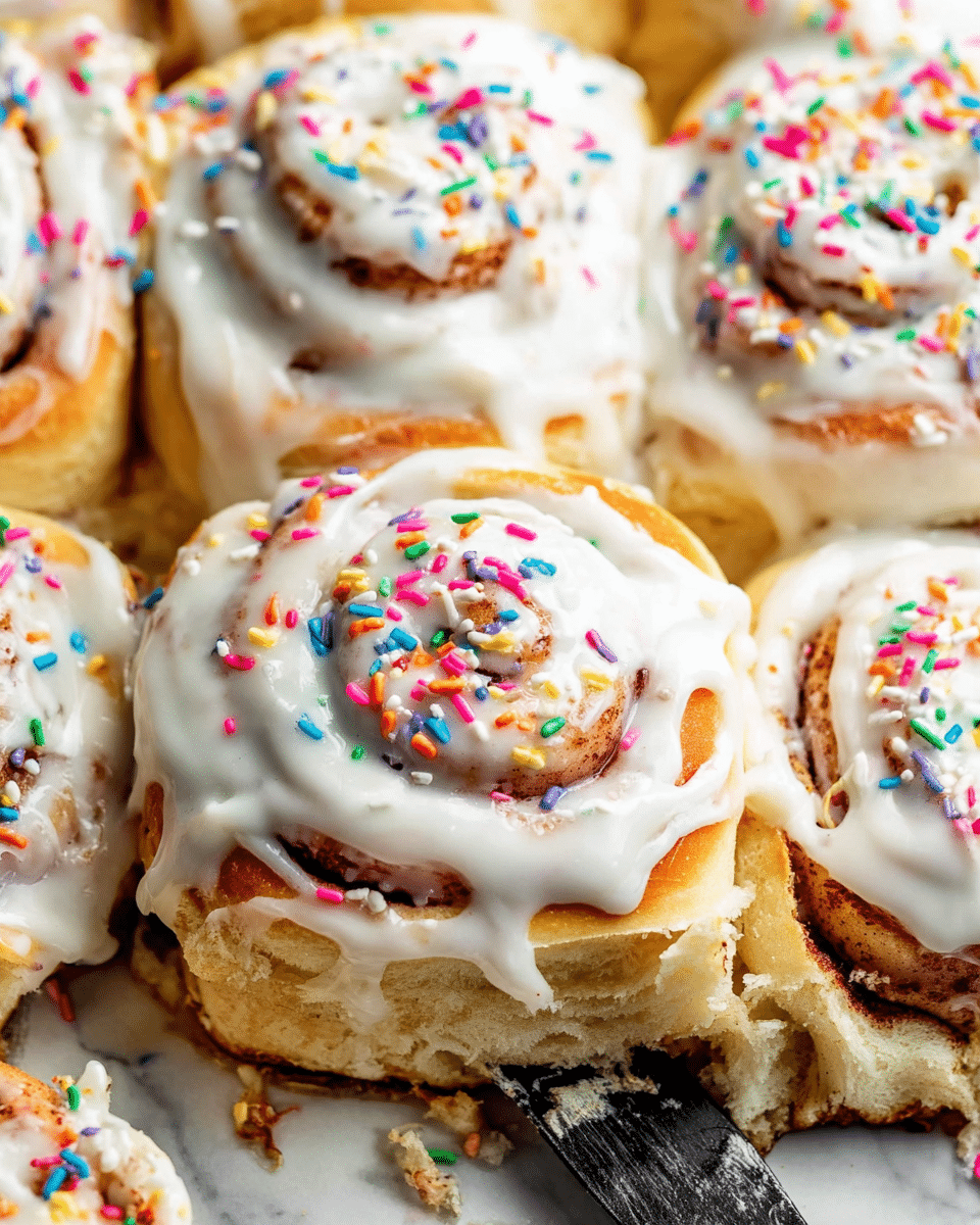 A close-up shot showing a tray of soft cinnamon rolls with about two layers each, topped with thick white icing that drips slightly over the sides. The rolls have a golden-brown base with a swirl of cinnamon inside. Colorful rainbow sprinkles are scattered over the icing, adding bright spots of red, blue, green, yellow, pink, orange, and purple. A black spreading knife covered in white icing lies on top of the rolls near the bottom right area. The background is a white marbled texture. photo taken with an iphone --ar 4:5 --v 7
