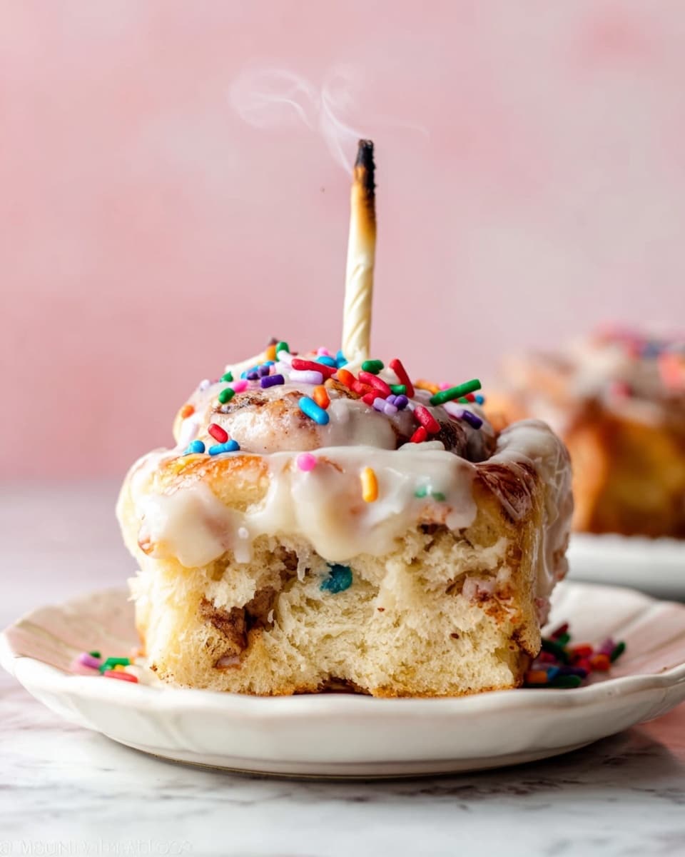 A thick, square-shaped cinnamon roll sits on a white plate with a slightly scalloped edge, showing a soft, fluffy, golden inner bread layer dotted with colorful sprinkles of red, blue, green, purple, and orange. The top layer is covered in a shiny white glaze that drips slightly down the sides, sprinkled with more vibrant, small cylindrical sprinkles. Positioned upright in the center of the roll is a smoke-emitting, extinguished candle. The setting includes a white marbled surface and a soft pink background that blurs gently. photo taken with an iphone --ar 4:5 --v 7