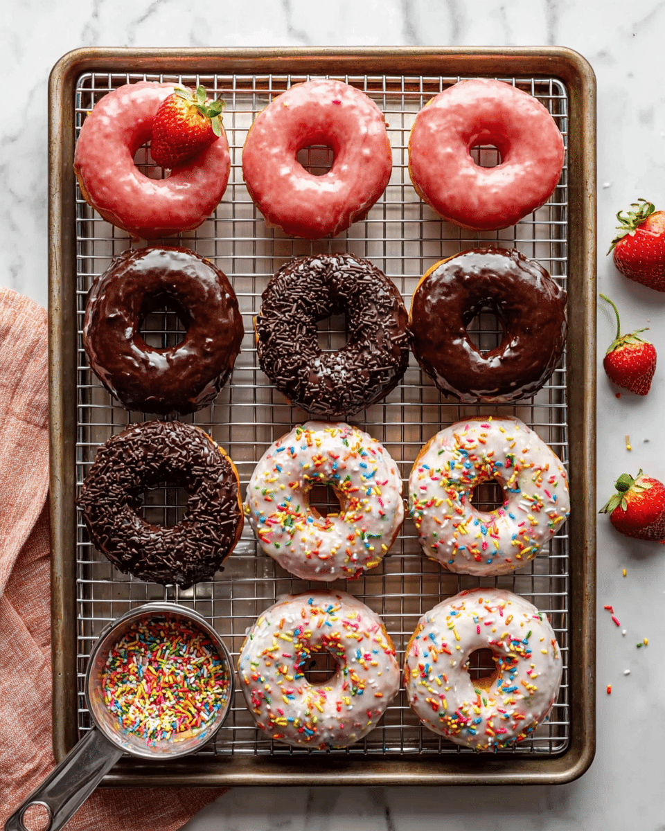 A metal tray with a metal wire rack holds twelve donuts in three rows: the top row has four pink glazed donuts with a shiny, smooth texture, one decorated with a halved strawberry placed on top; the middle row has four chocolate glazed donuts coated with dark brown shiny glaze and topped with chocolate sprinkles; the bottom row has four white glazed donuts covered in colorful rainbow sprinkles scattered unevenly. A small measuring cup filled with rainbow sprinkles sits on the tray near the bottom left donuts, and a whole strawberry rests near the top right donuts. The tray is on a white marbled surface. Photo taken with an iphone --ar 4:5 --v 7