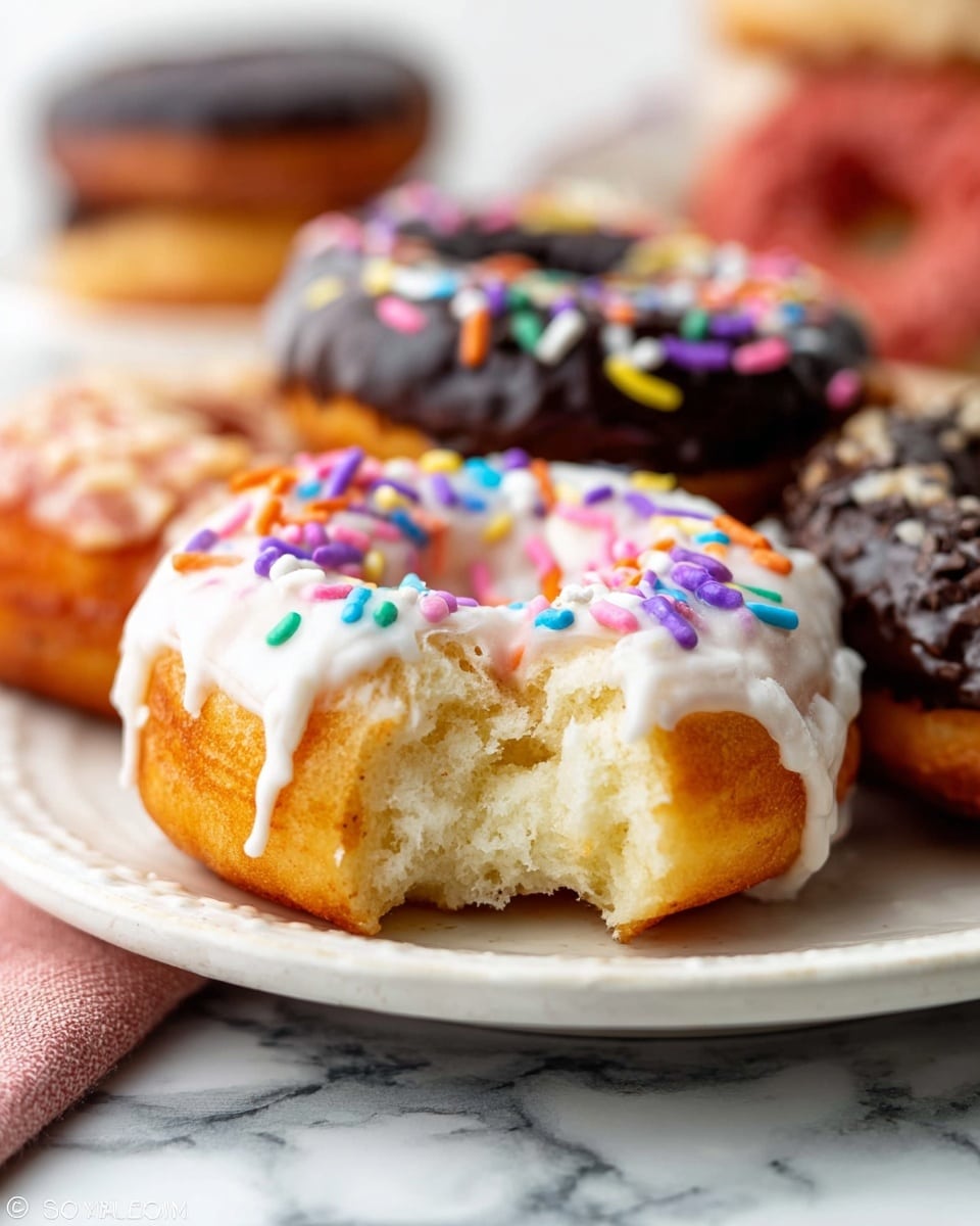 The image shows a close-up of a donut with a soft, fluffy inside and a golden-brown outside, topped with white icing that looks slightly melted and drips down the edges. On top of the icing, there are colorful sprinkles in shades of purple, blue, orange, pink, green, and yellow. Behind this donut, more donuts are visible, some covered in dark chocolate icing and one with a reddish tint, all placed on a white plate with a slightly scalloped edge. The setting is on a white marbled surface with a hint of a pink cloth in the corner. photo taken with an iphone --ar 4:5 --v 7