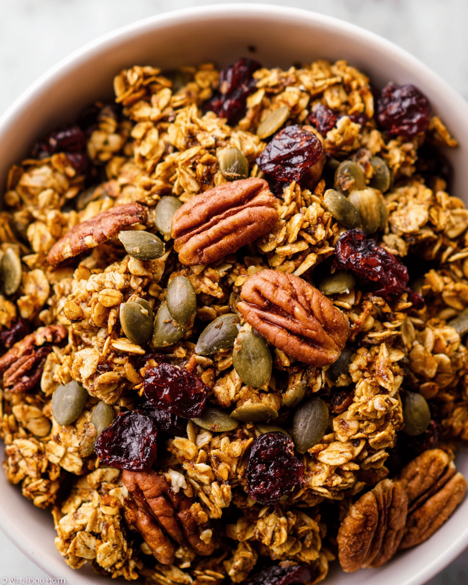 A close-up image of a bowl filled with golden brown granola clusters mixed with whole pecans that are a rich dark brown, green pumpkin seeds, and dark red dried cranberries scattered throughout. The granola shows a rough texture with visible oats and small crunchy pieces tightly packed together. The bowl is white with a smooth texture, placed on a white marbled surface. The colors in the image are warm and natural, focusing on the contrast between the different ingredients. photo taken with an iphone --ar 4:5 --v 7